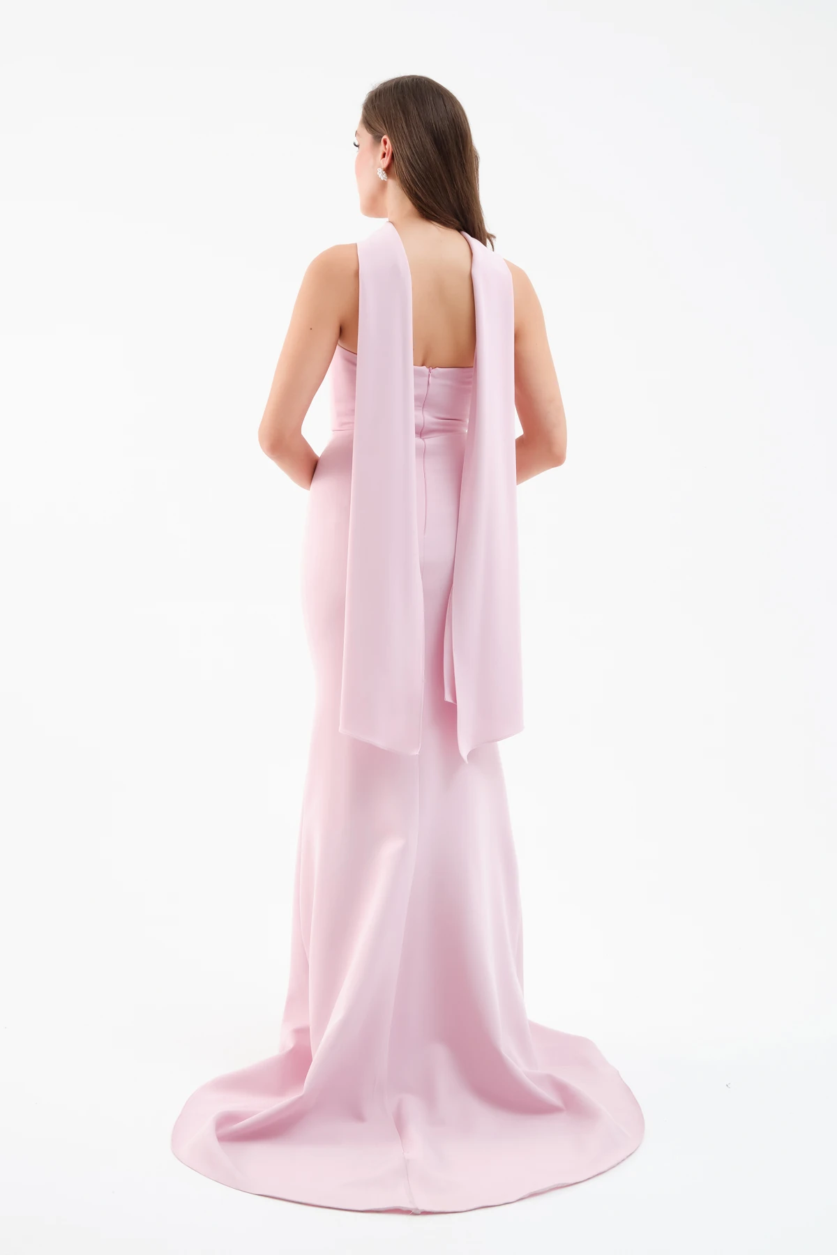 Kadın Şal Yaka Detay Uzun Abiye Elbise - Pudra