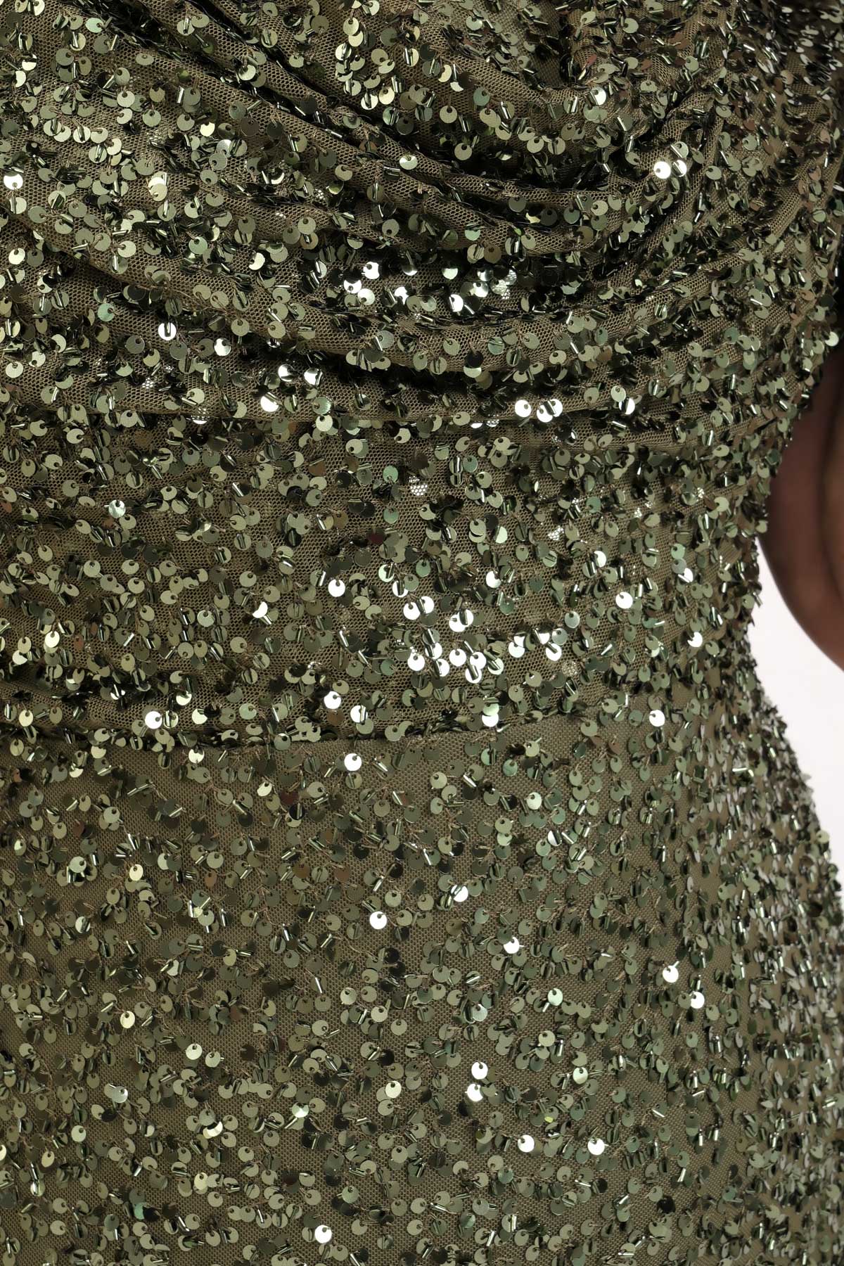 Kadın Degaje Yaka Pul Payet Büyük Beden Uzun Abiye Elbise - Haki