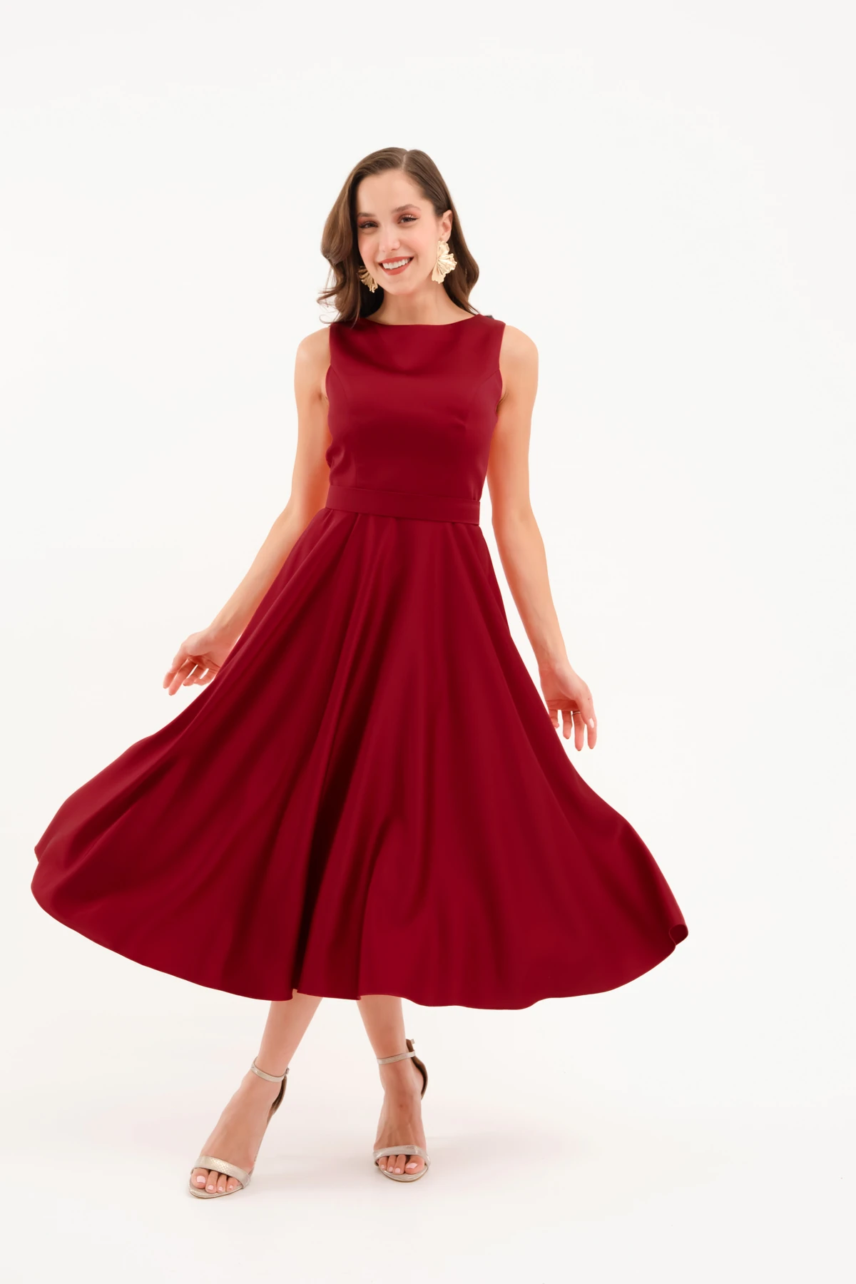 Kadın Kalın Askılı Kemerli Midi Abiye Elbise