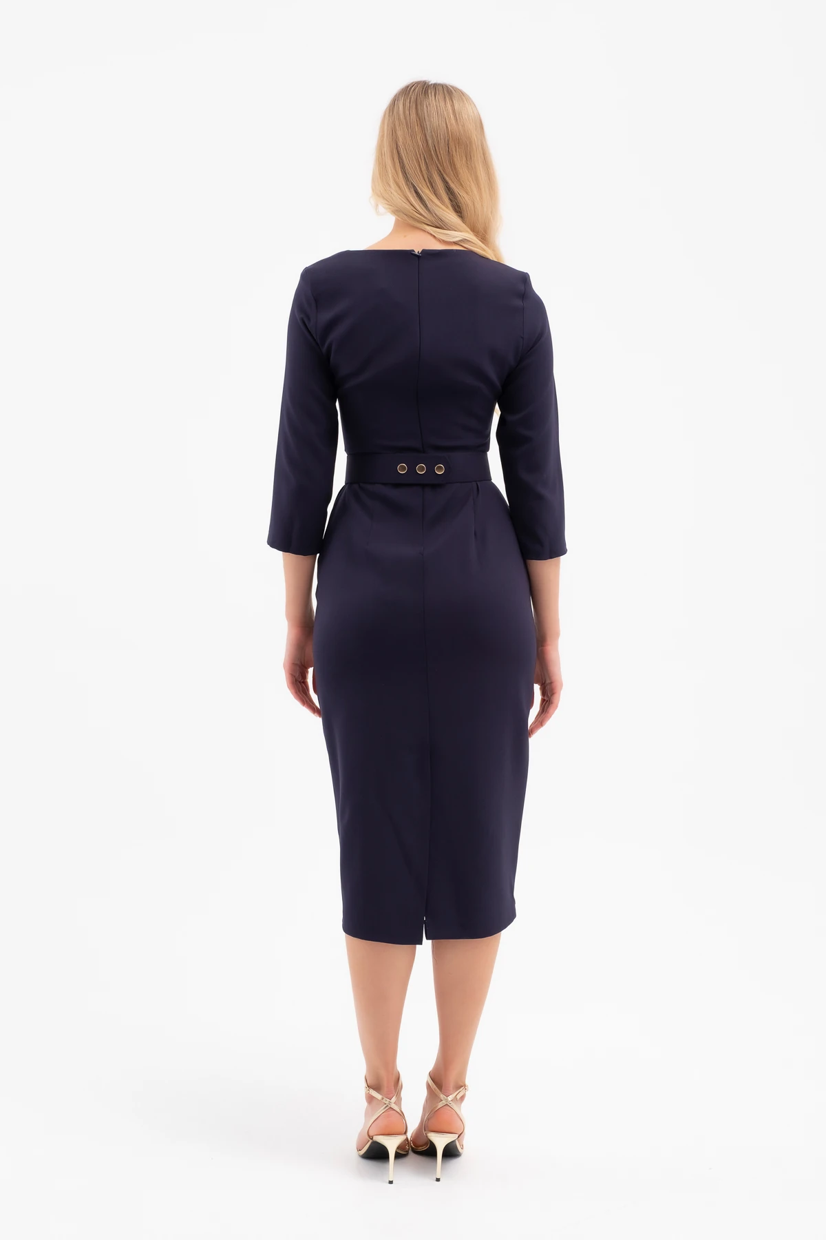 Kadın Kemer Detay Midi Davet Elbisesi - Lacivert