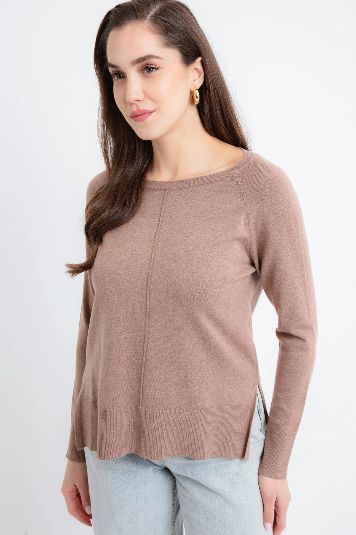 Kadın Kayık Yaka Yanları Yırtmaçlı Triko Kazak - Kahverengi
