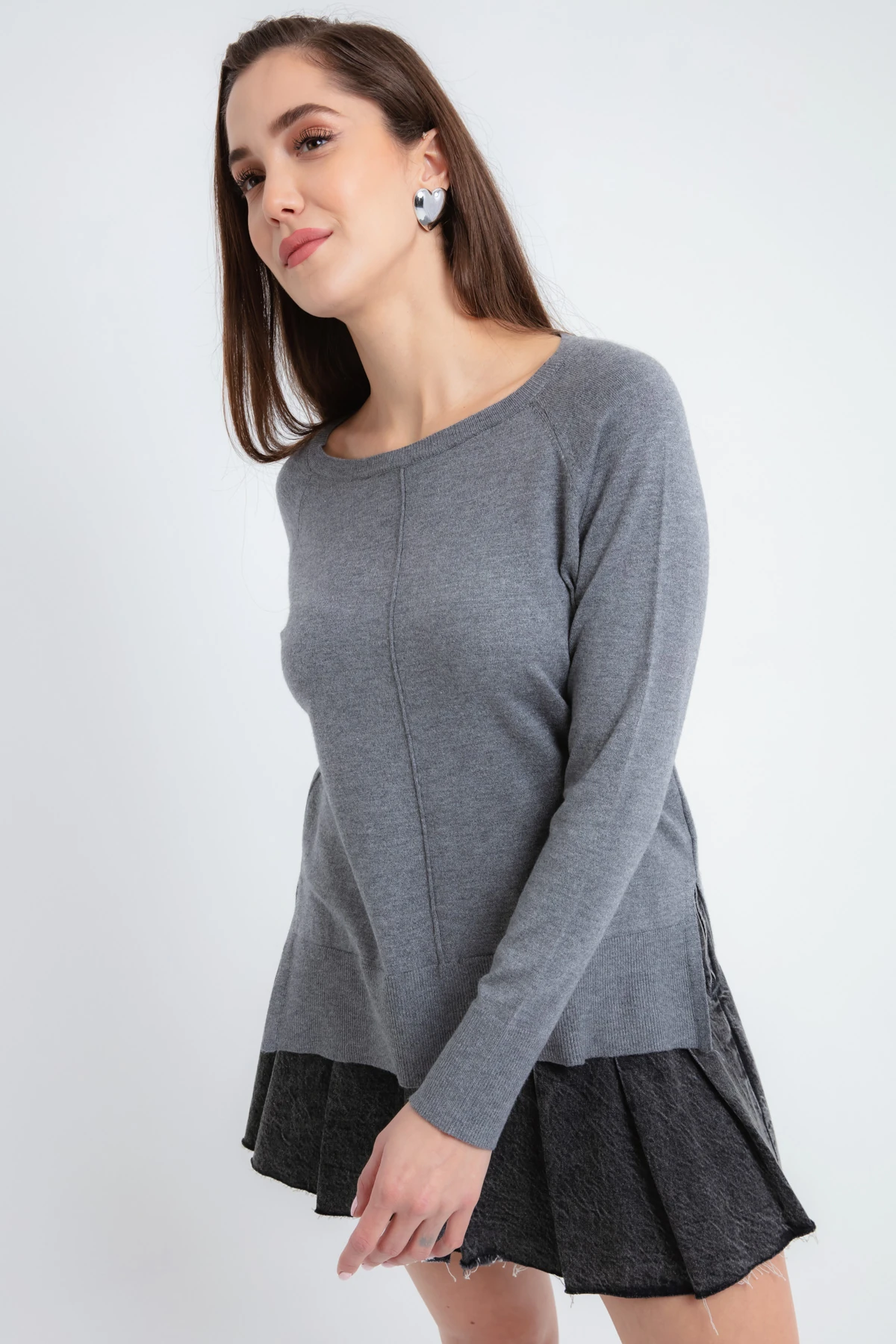 Kadın Kayık Yaka Yanları Yırtmaçlı Triko Kazak - Gri