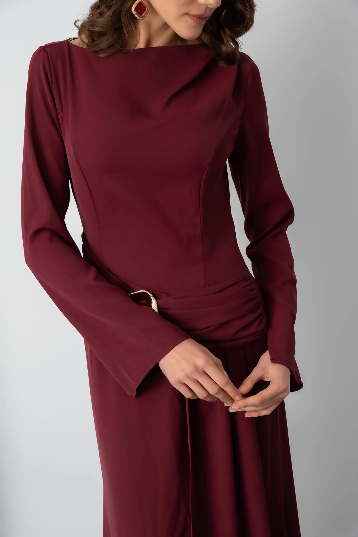 Kadın Aksesuar Detay Uzun Elbise - Bordo
