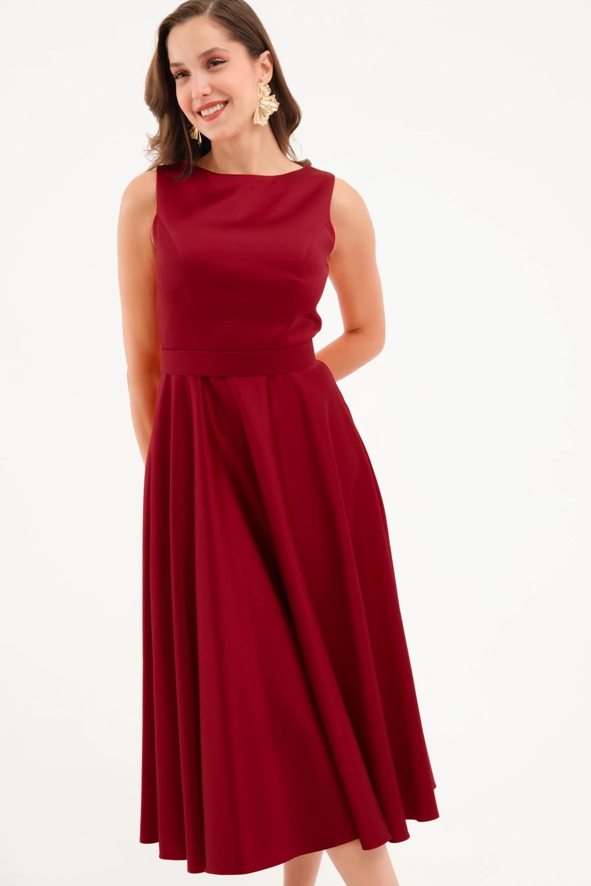 Kadın Kalın Askılı Kemerli Midi Abiye Elbise