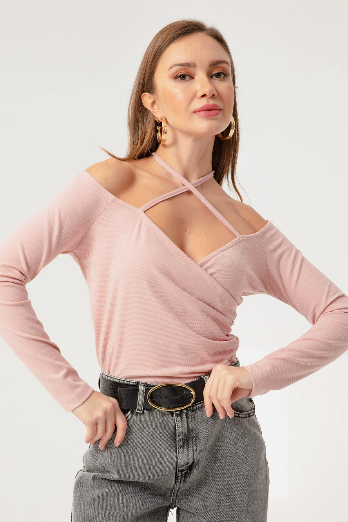 Kadın Bağlamalı Örme Bluz - Pudra