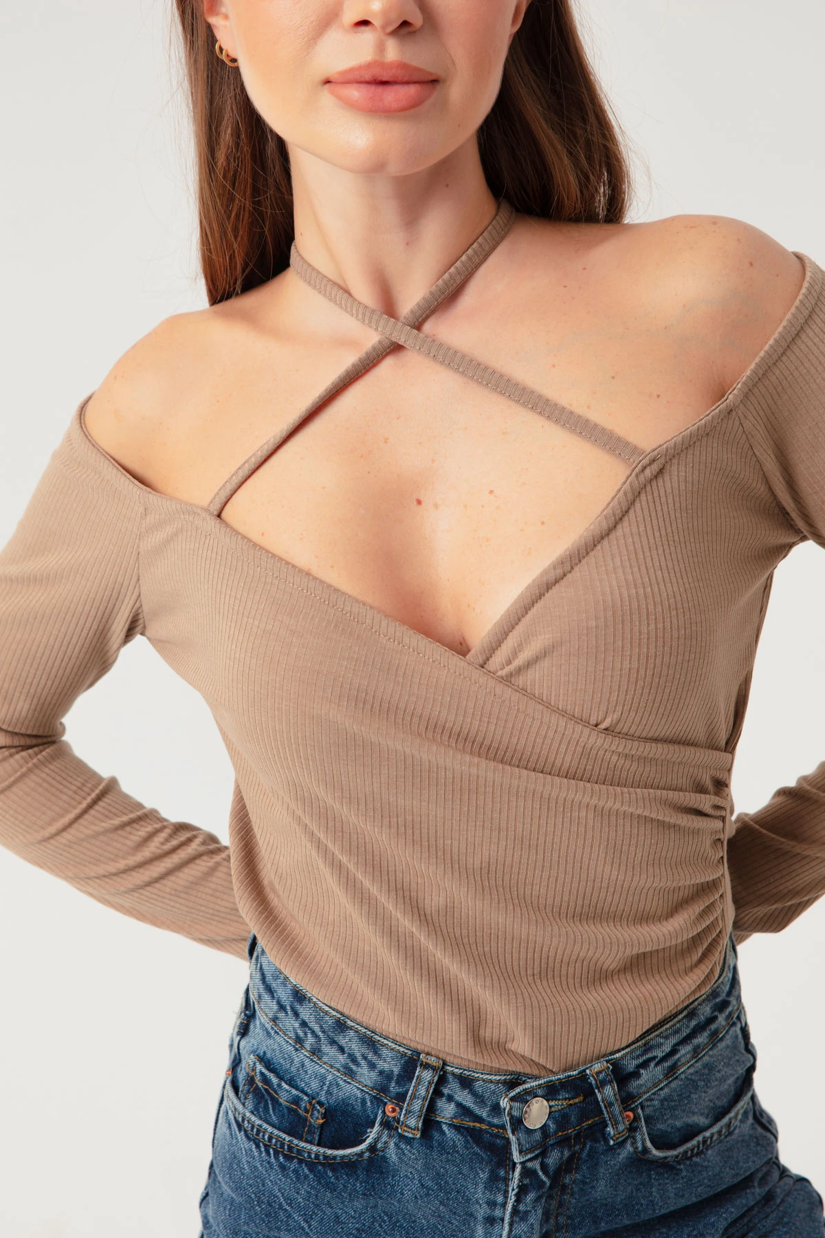 Kadın Bağlamalı Örme Bluz - Vizon