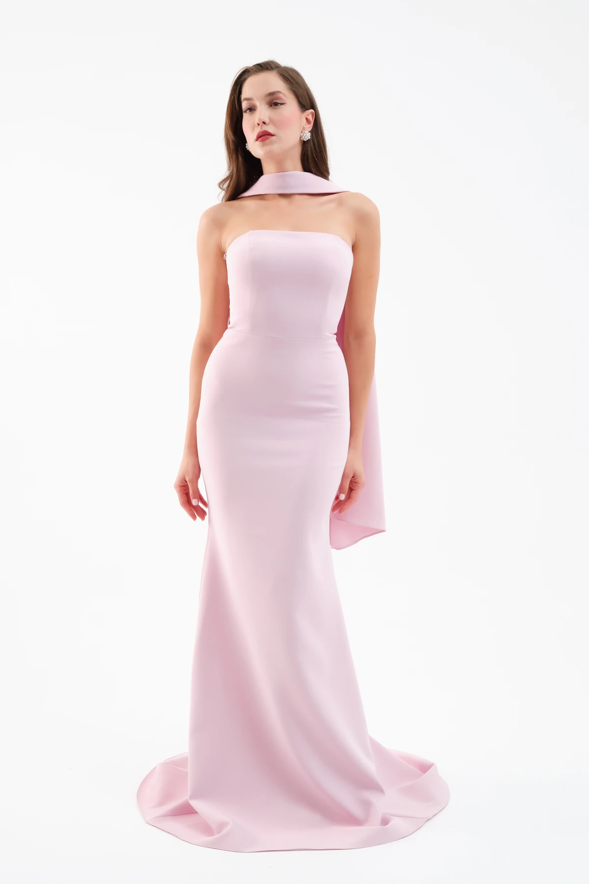 Kadın Şal Yaka Detay Uzun Abiye Elbise - Pudra