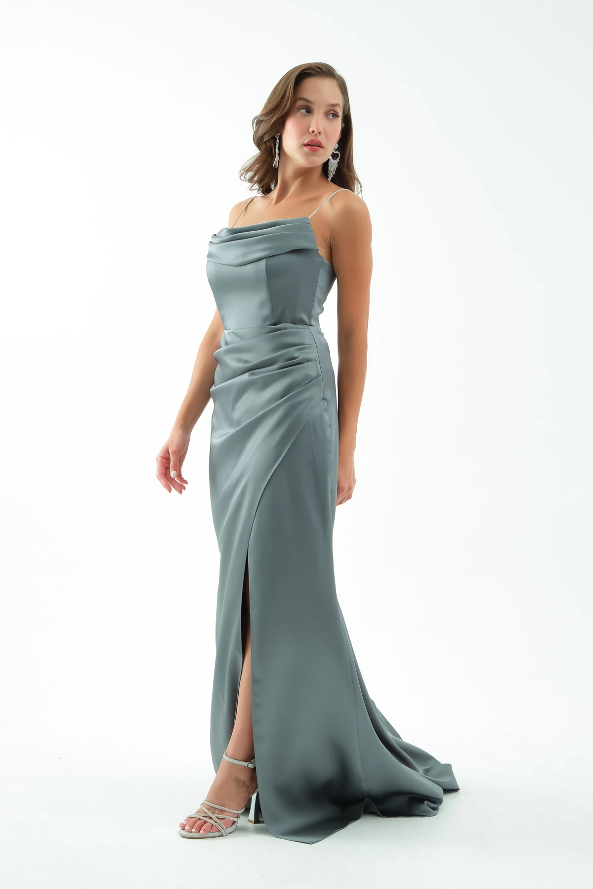 Kadın Taş Askılı Uzun Söz Nişan Abiye Elbise - Firuze