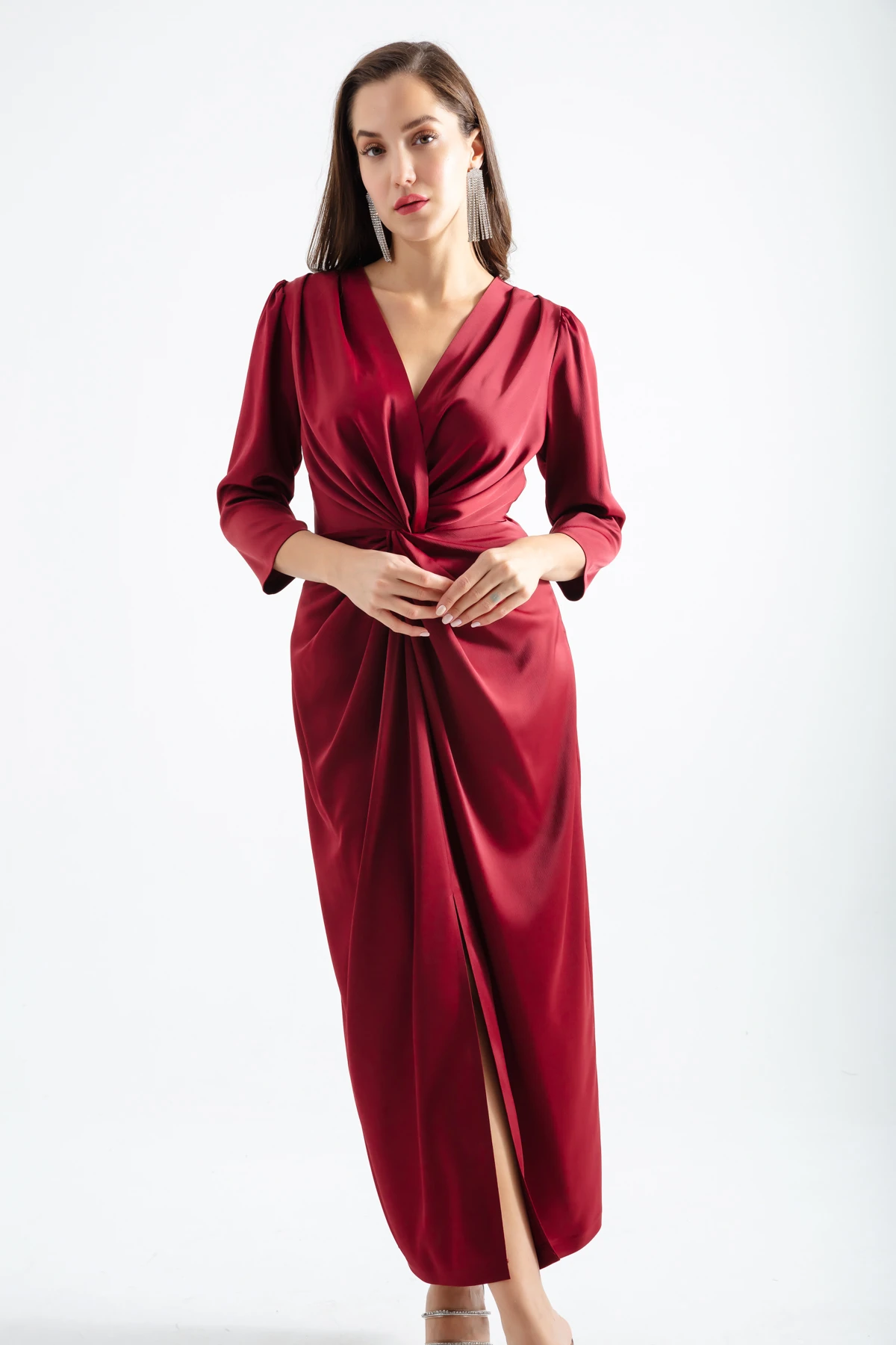 Kadın V Yaka Midi Abiye Elbise