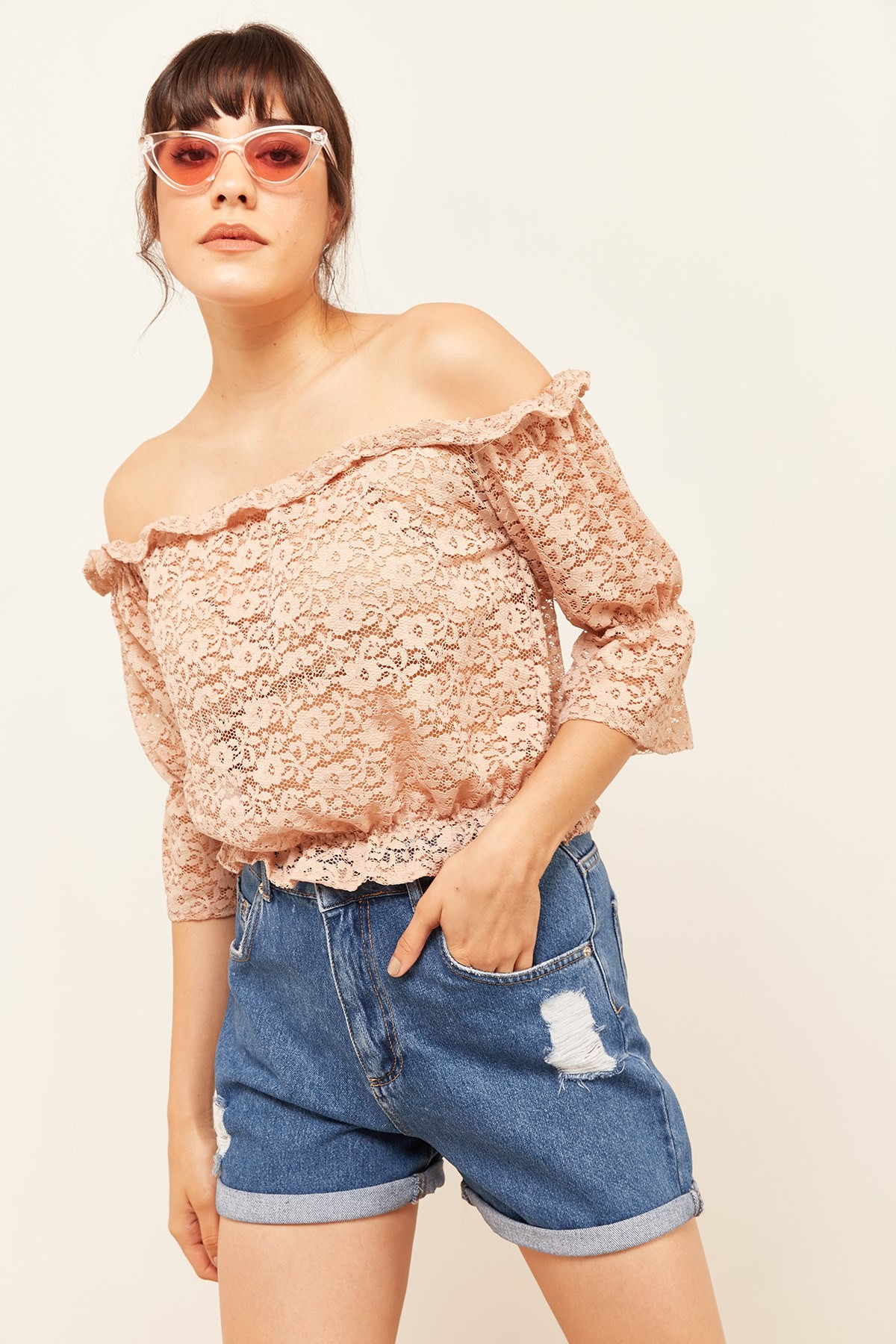 Kadın Dantelli Crop Bluz