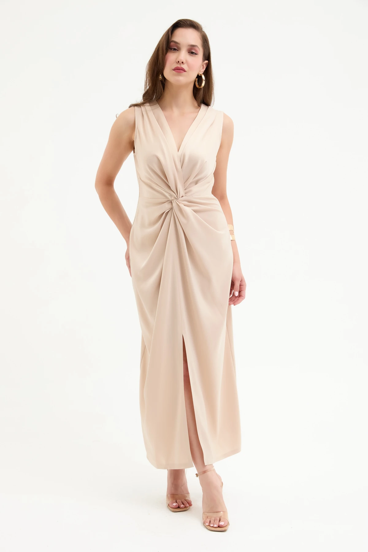 Kadın Düğüm Detaylı Midi Saten Elbise