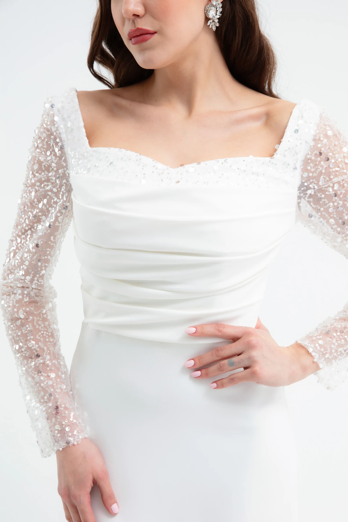 Kadın Kalp Yaka Kolları Payetli Midi Söz Nişan Nikah Abiye Elbise - Beyaz