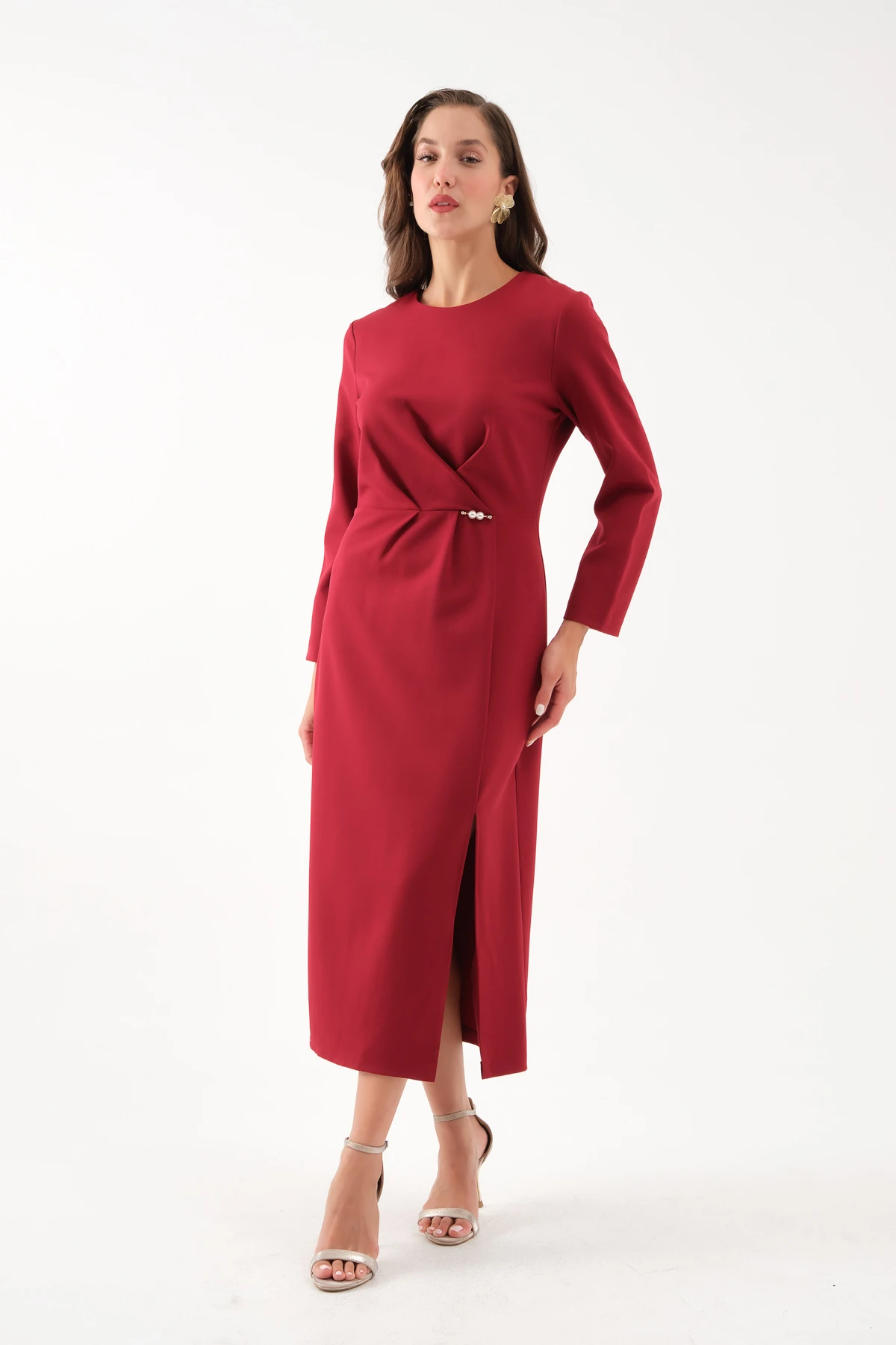 Kadın İnci Detay Midi Davet Elbisesi - Bordo