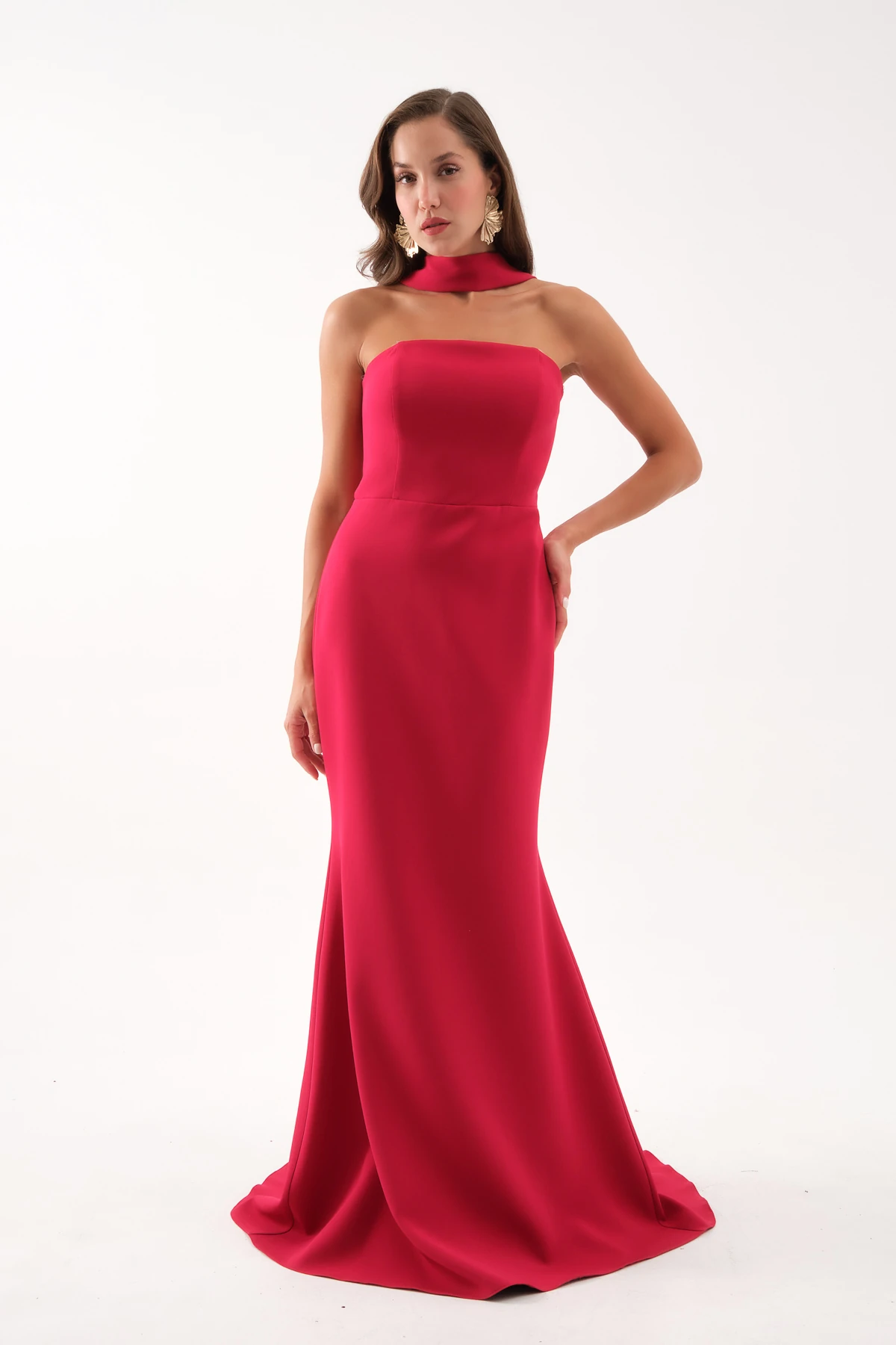 Kadın Şal Yaka Detay Uzun Abiye Elbise - Bordo