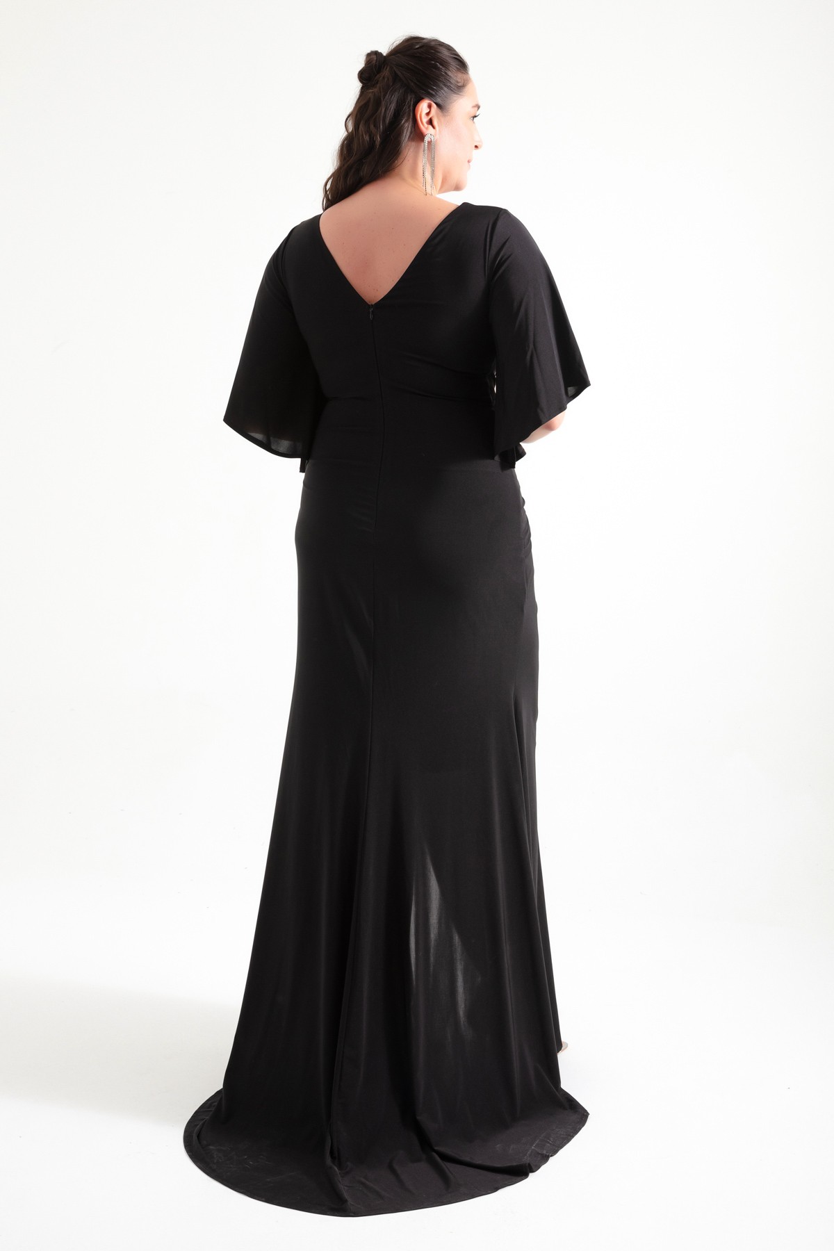 Kadın Yanı Taşlı Büyük Beden Uzun Abiye Elbise - Siyah