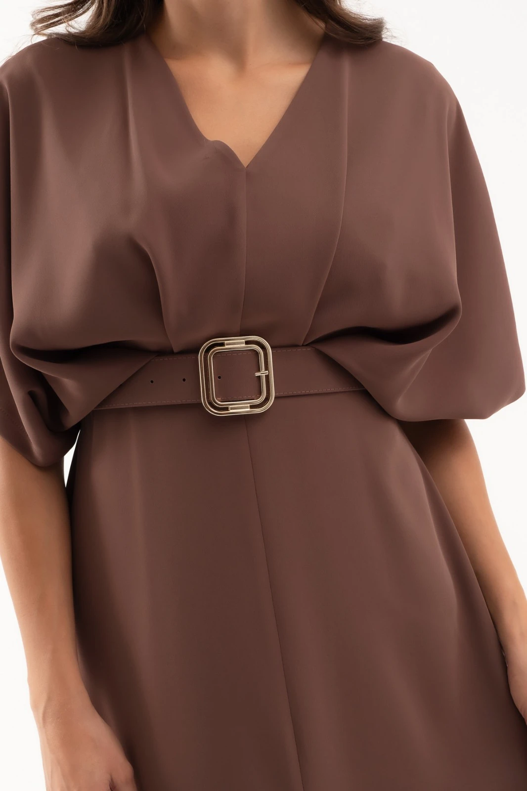 Kadın V Yaka Kemerli Midi Davet Elbisesi - Kahverengi