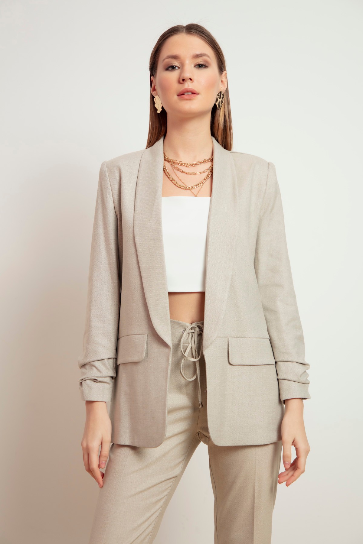 Kadın Kolları Büzgülü Blazer Ceket