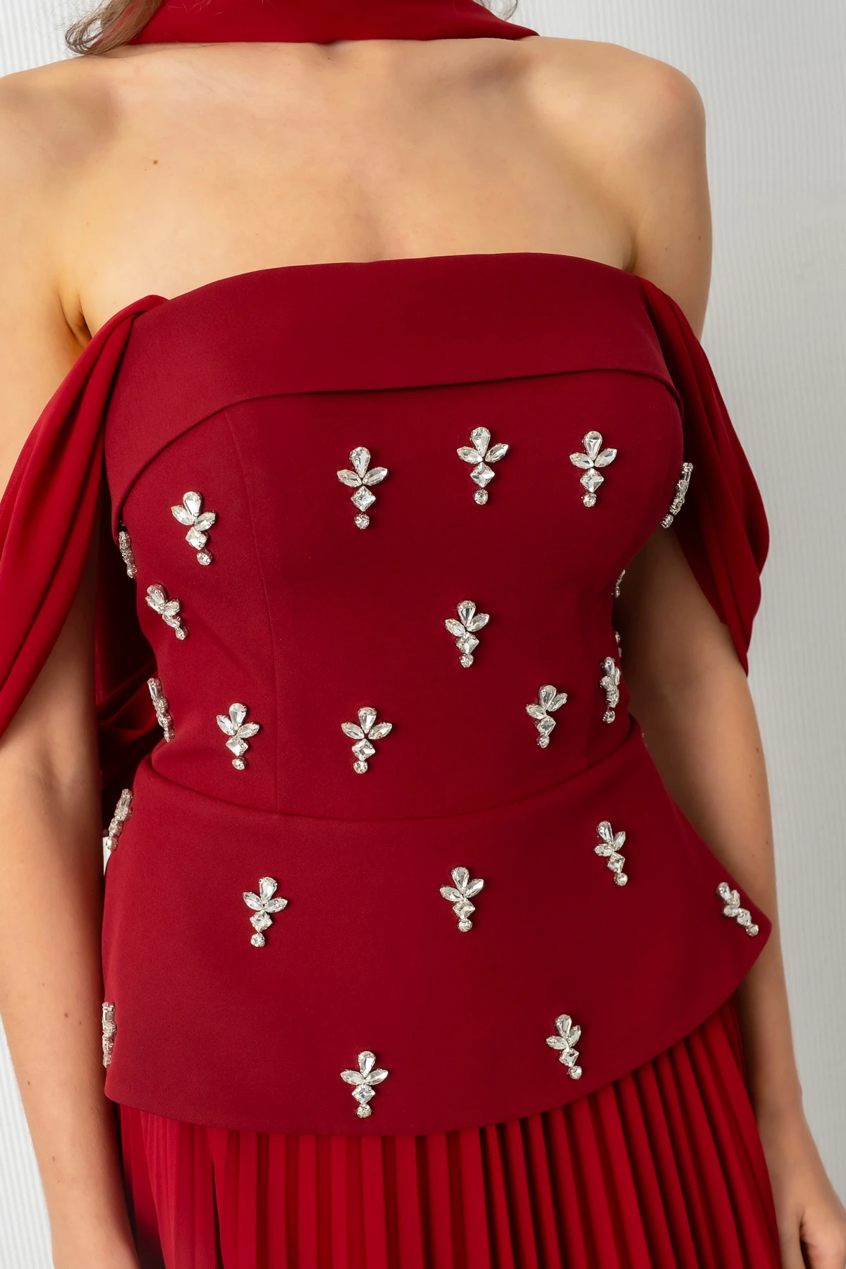 Kadın Straplez Yaka Taşlı Uzun Söz Nişan Nikah Abiye Elbise - Bordo