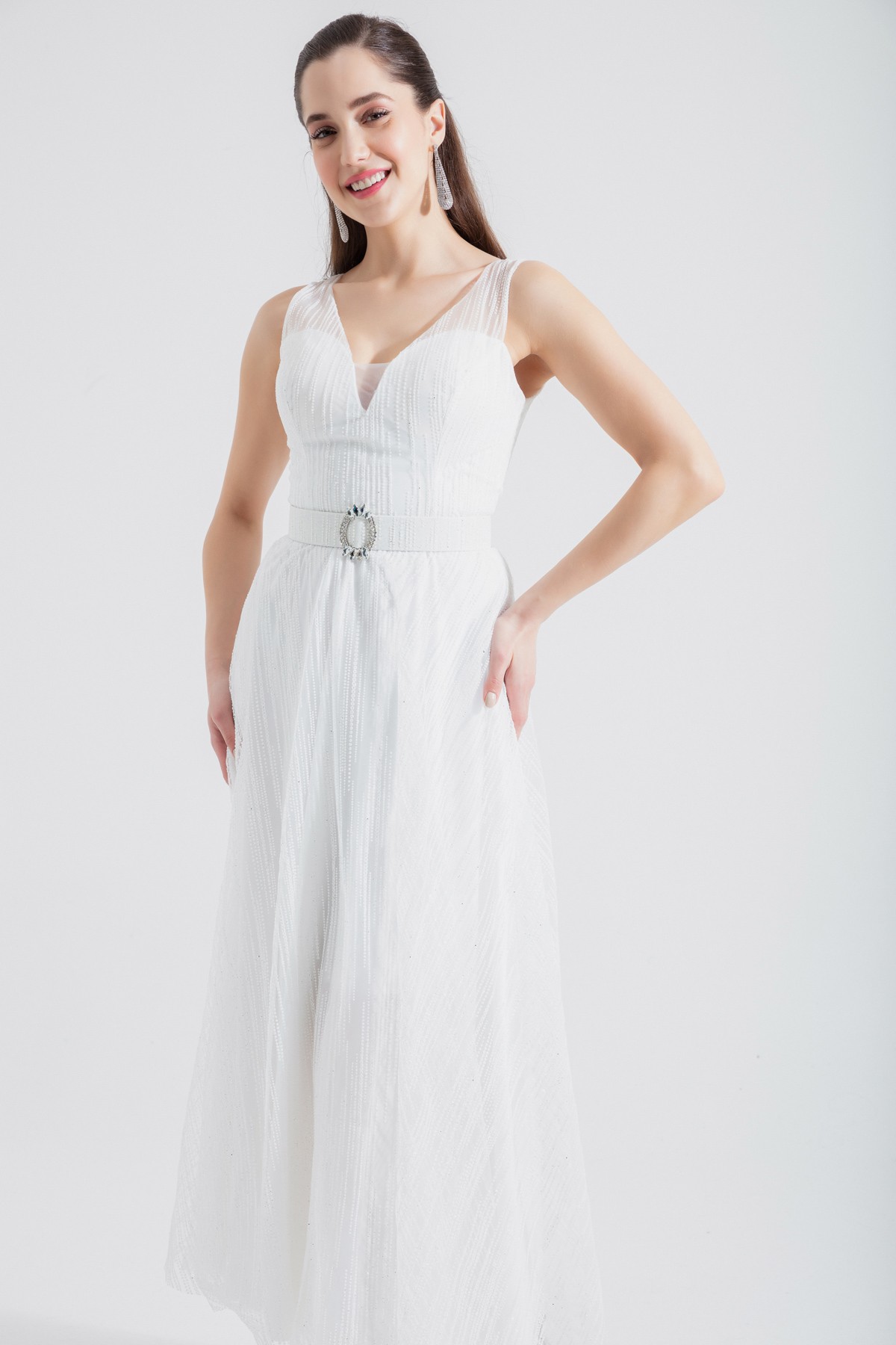 Kadın V Yaka Simli Midi Abiye Elbise - Beyaz