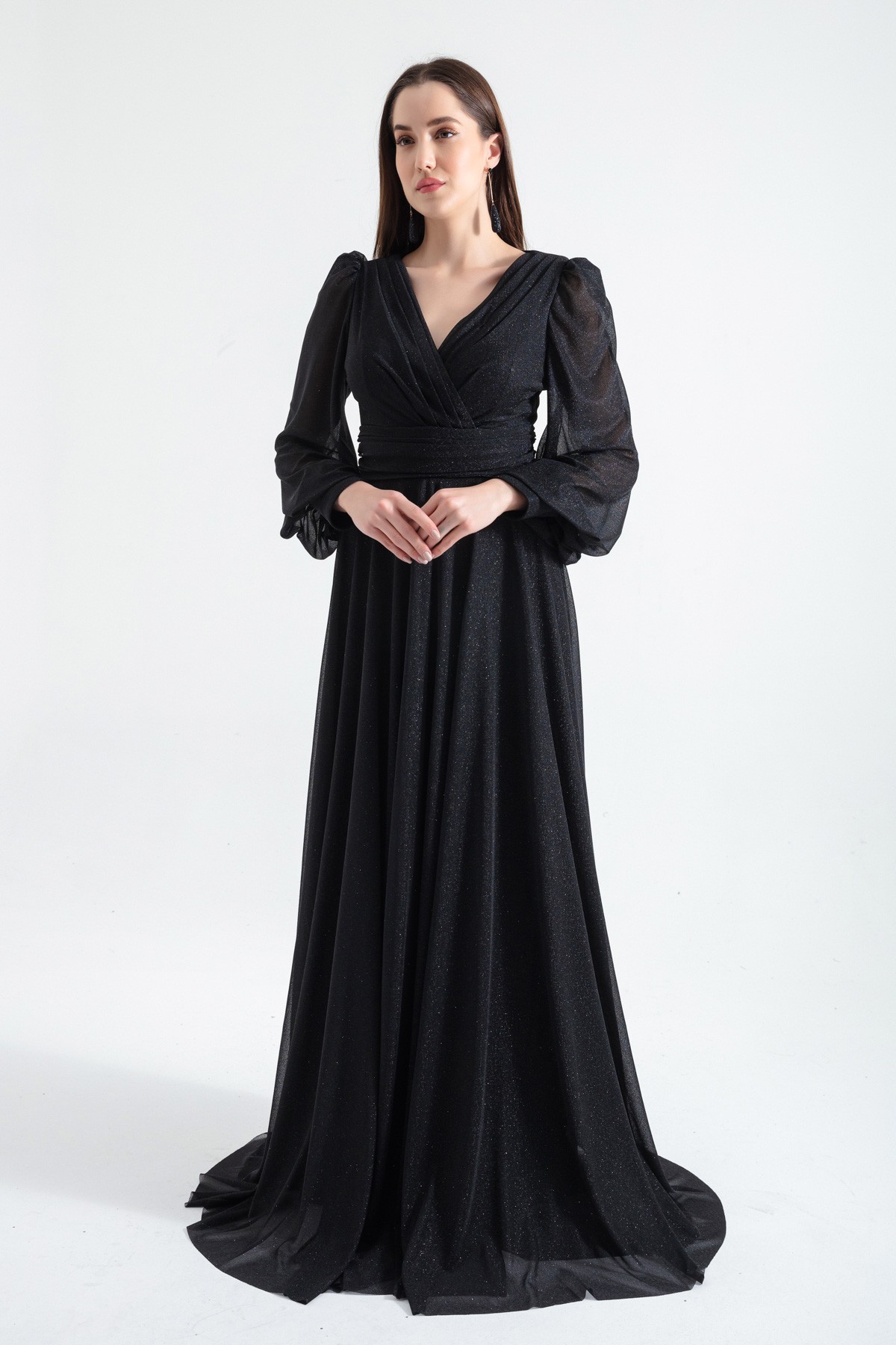 Kadın V Yaka Simli Uzun Abiye Elbise - Siyah