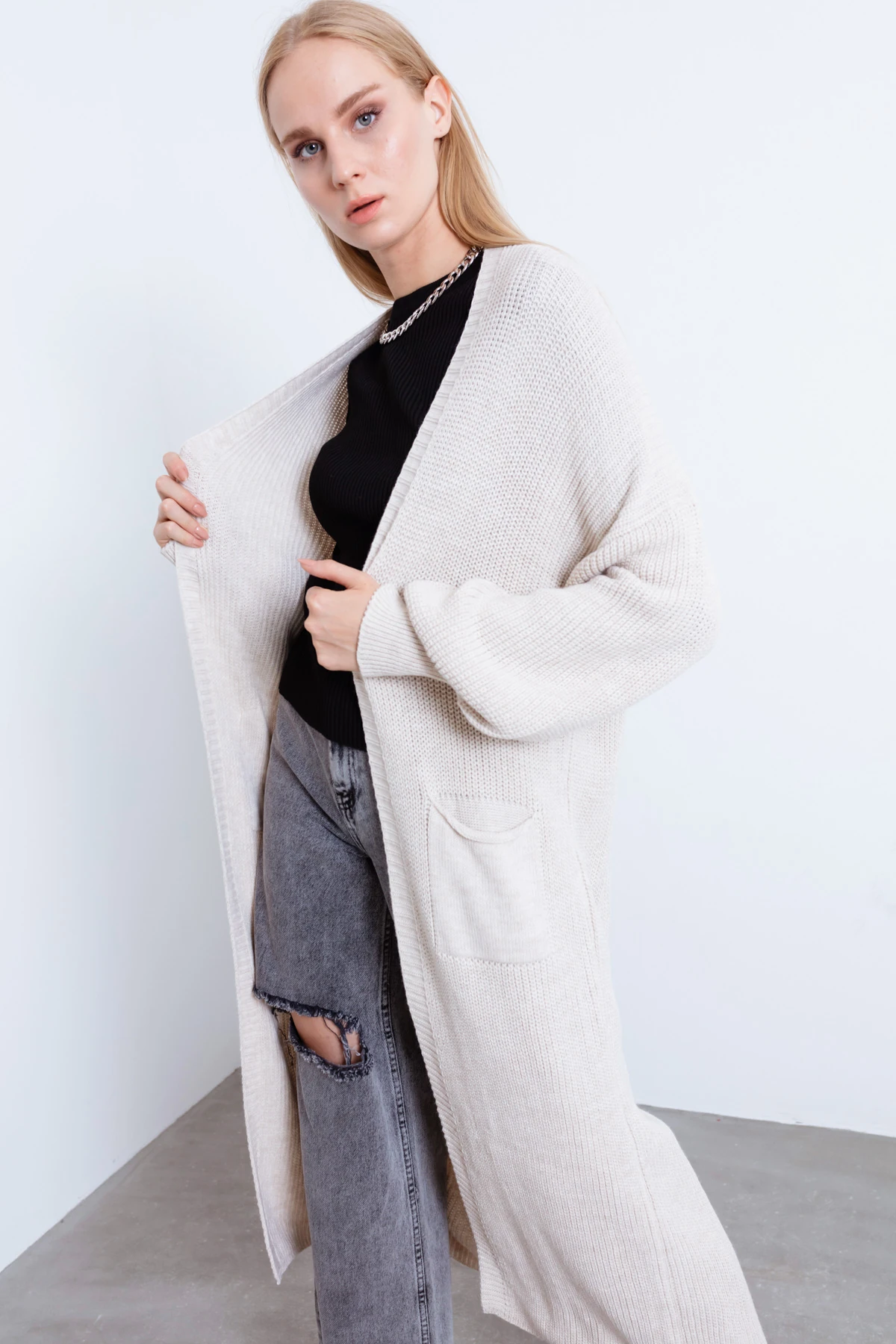 Kadın Balon Kol Uzun Triko Hırka - Bej