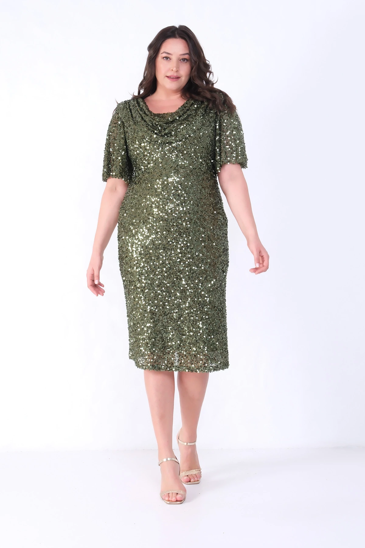 Kadın Degaje Yaka Pul Payet Büyük Beden Abiye Elbise - Haki