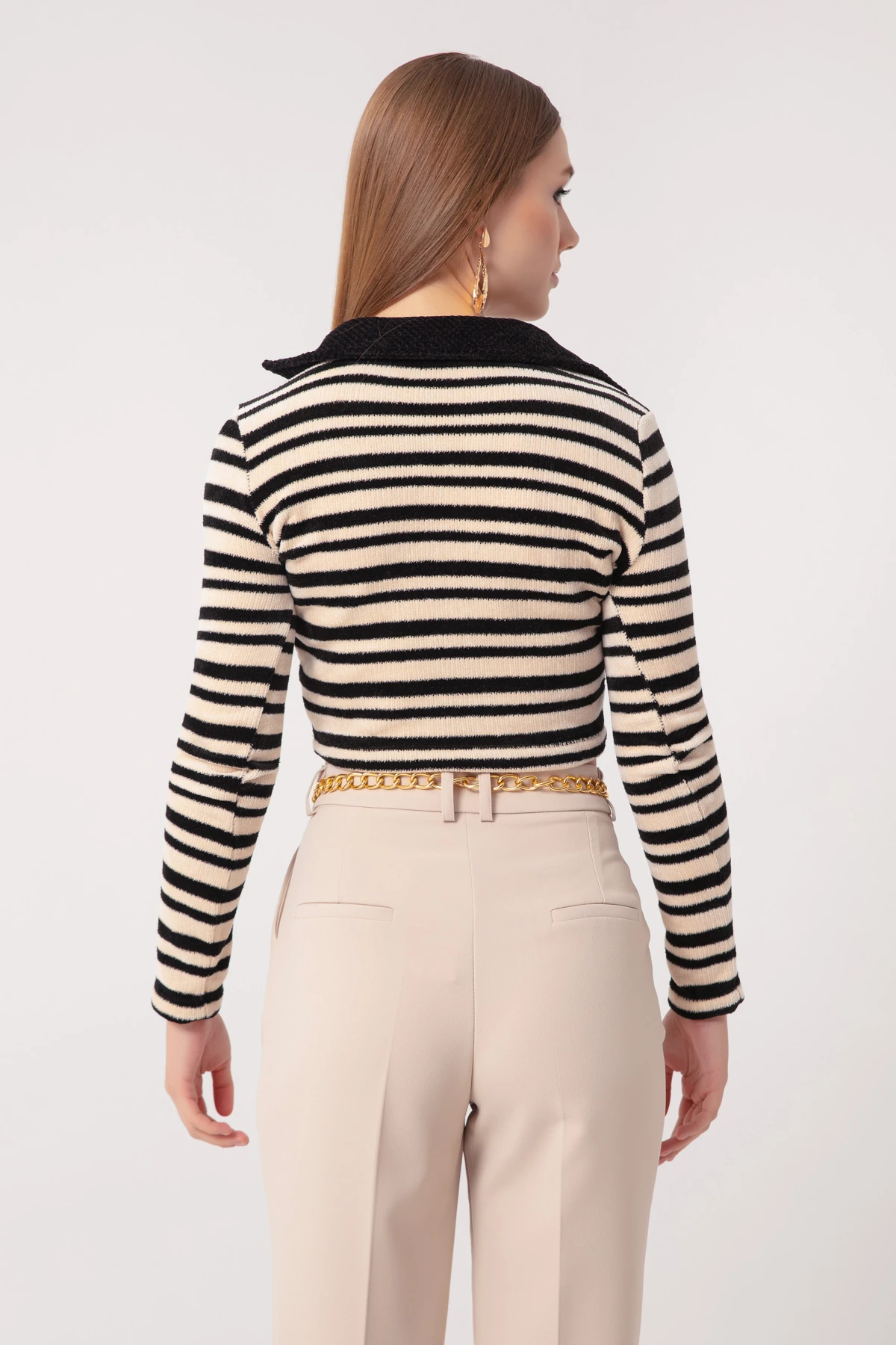 Kadın Çizgili Örme Kazak - Bej