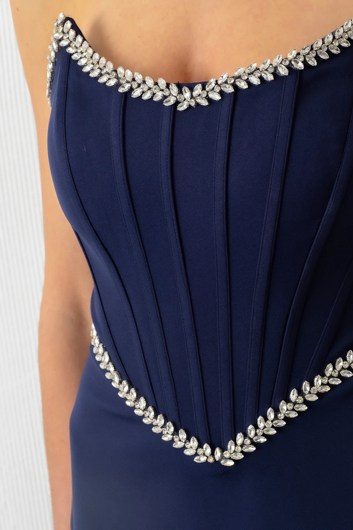 Kadın Straplez Taşlı Peplum Kesim Söz Nişan Nikah Abiye Elbise - Lacivert