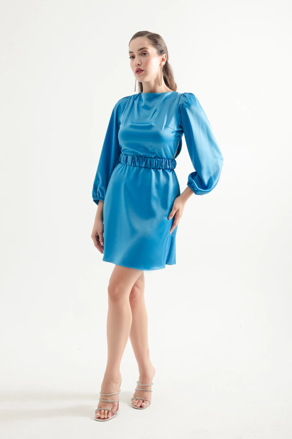 Kadın Balon Kol Mini Nişan Elbisesi - İndigo