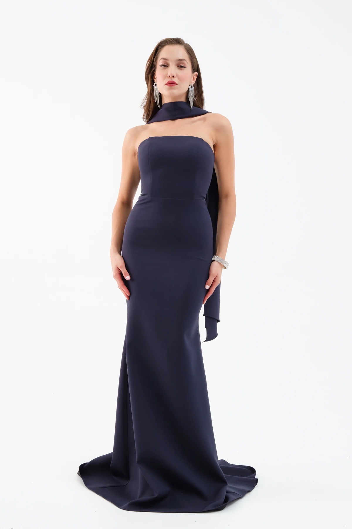 Kadın Şal Yaka Detay Uzun Abiye Elbise - Lacivert