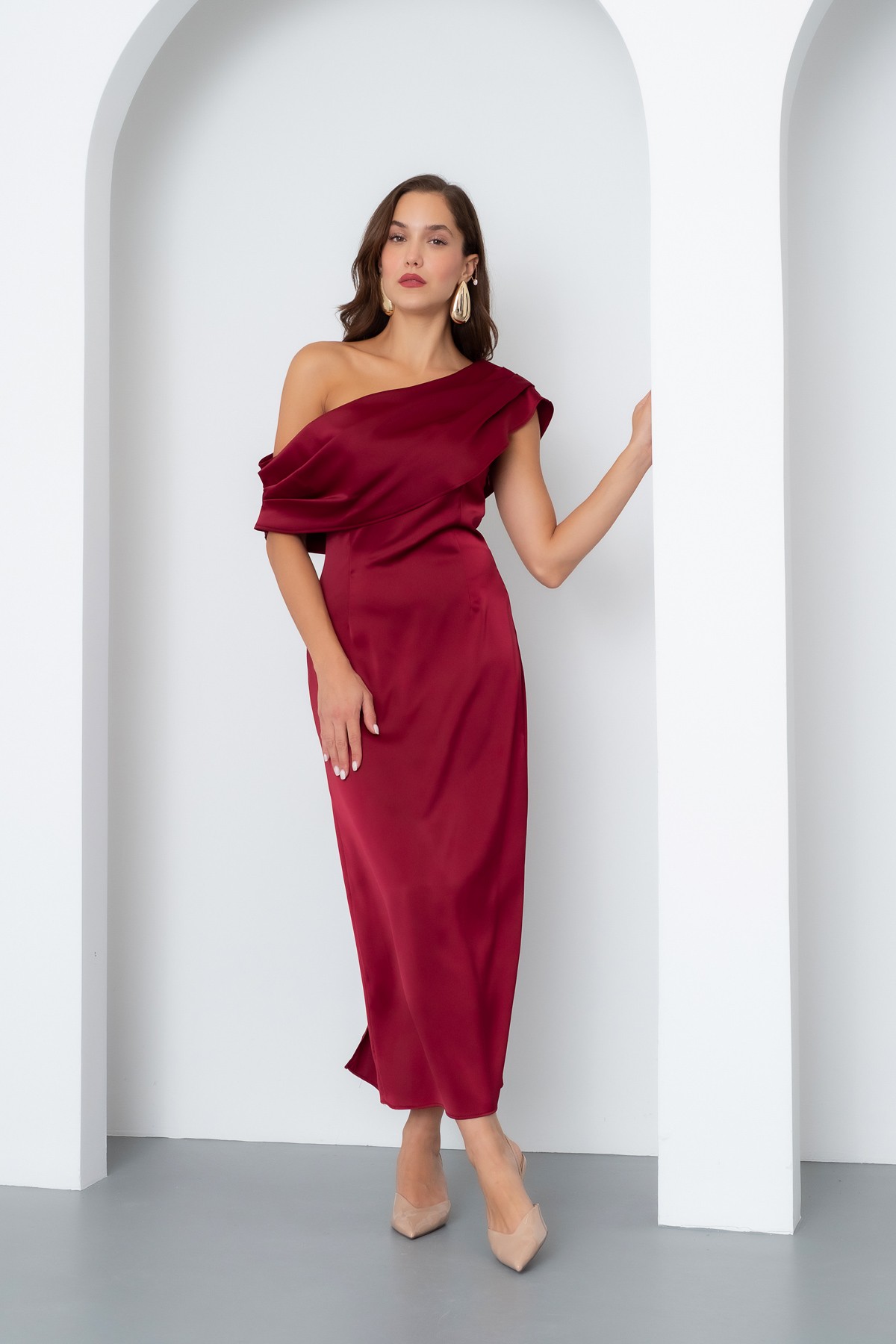 Kadın Degaje Yaka Saten Elbise - Bordo