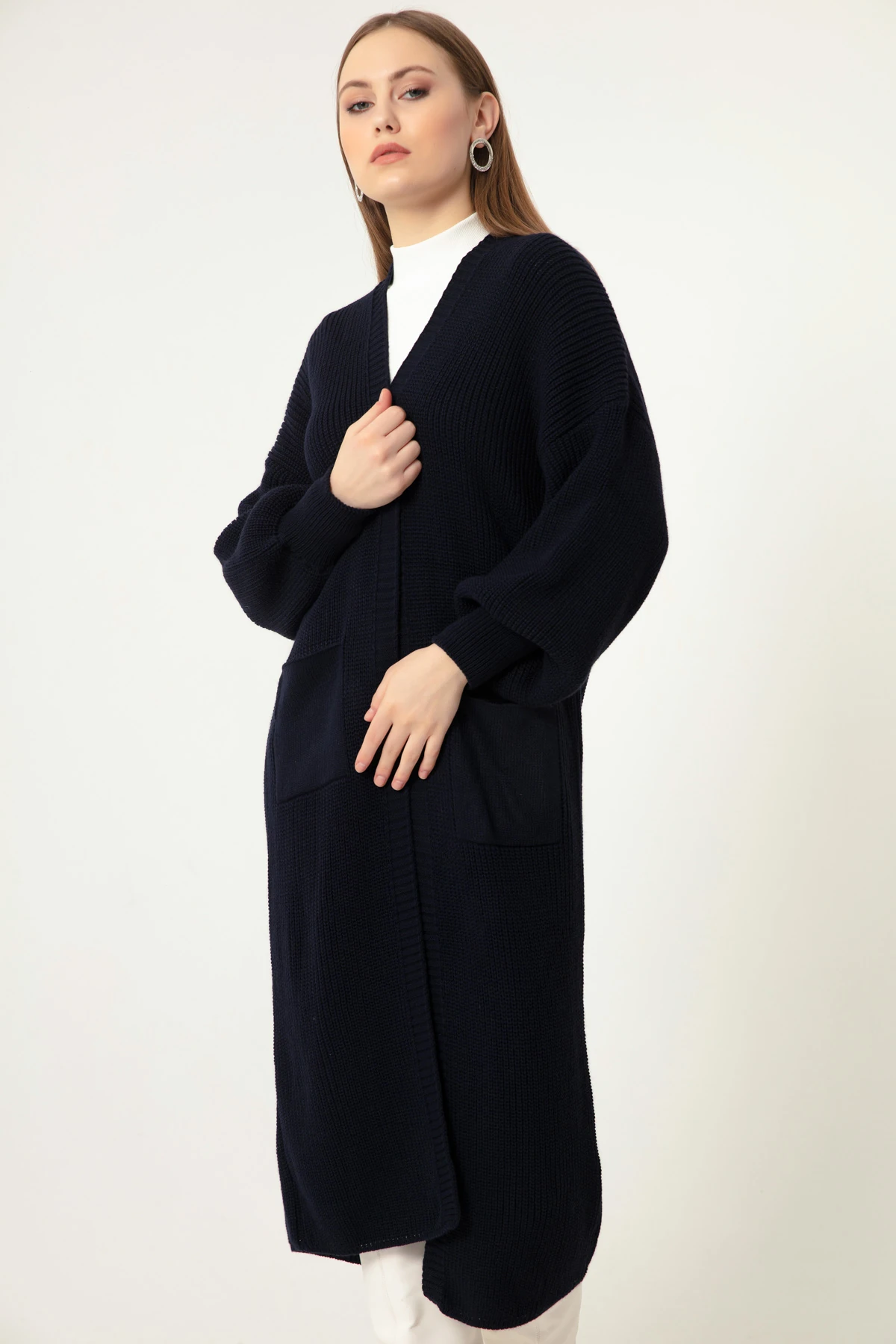 Kadın Balon Kol Uzun Triko Hırka - Lacivert