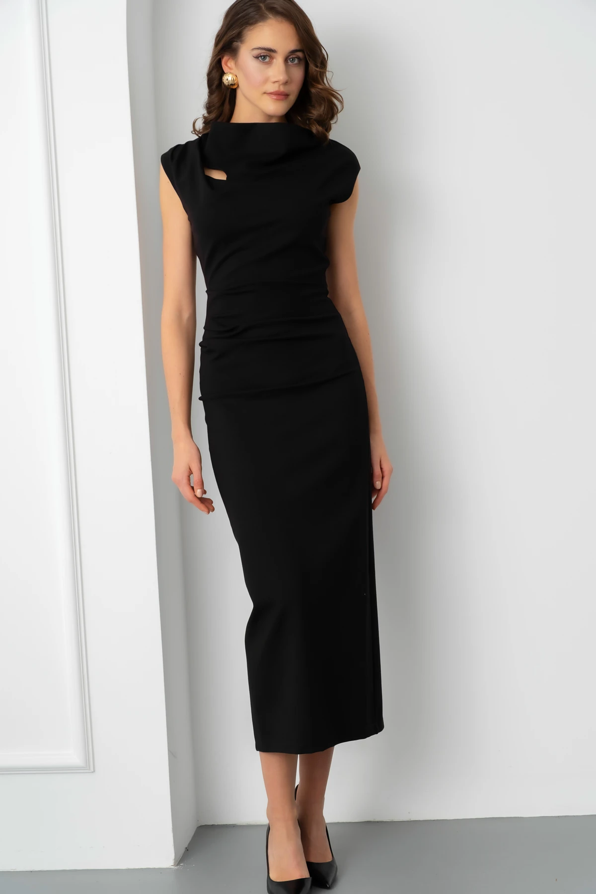 Kadın Yaka Detay Midi Davet Elbisesi - Siyah