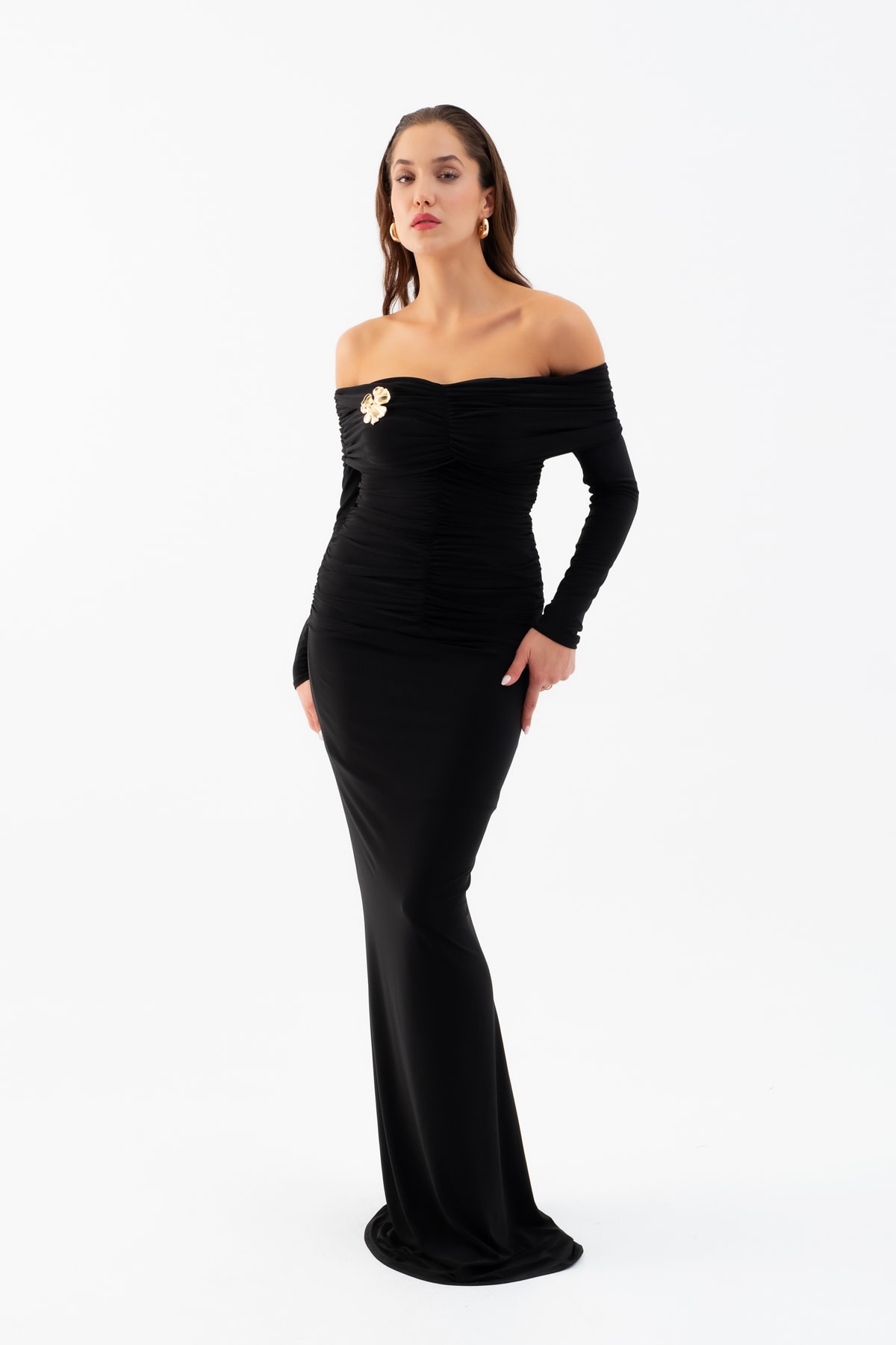 Kadın Büzgü Detay Uzun Elbise - Siyah