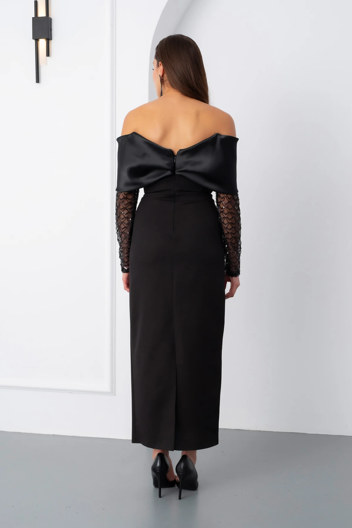 Kadın Kol Detaylı Fiyonklu Söz Nişan Nikah Abiye Elbise - Siyah