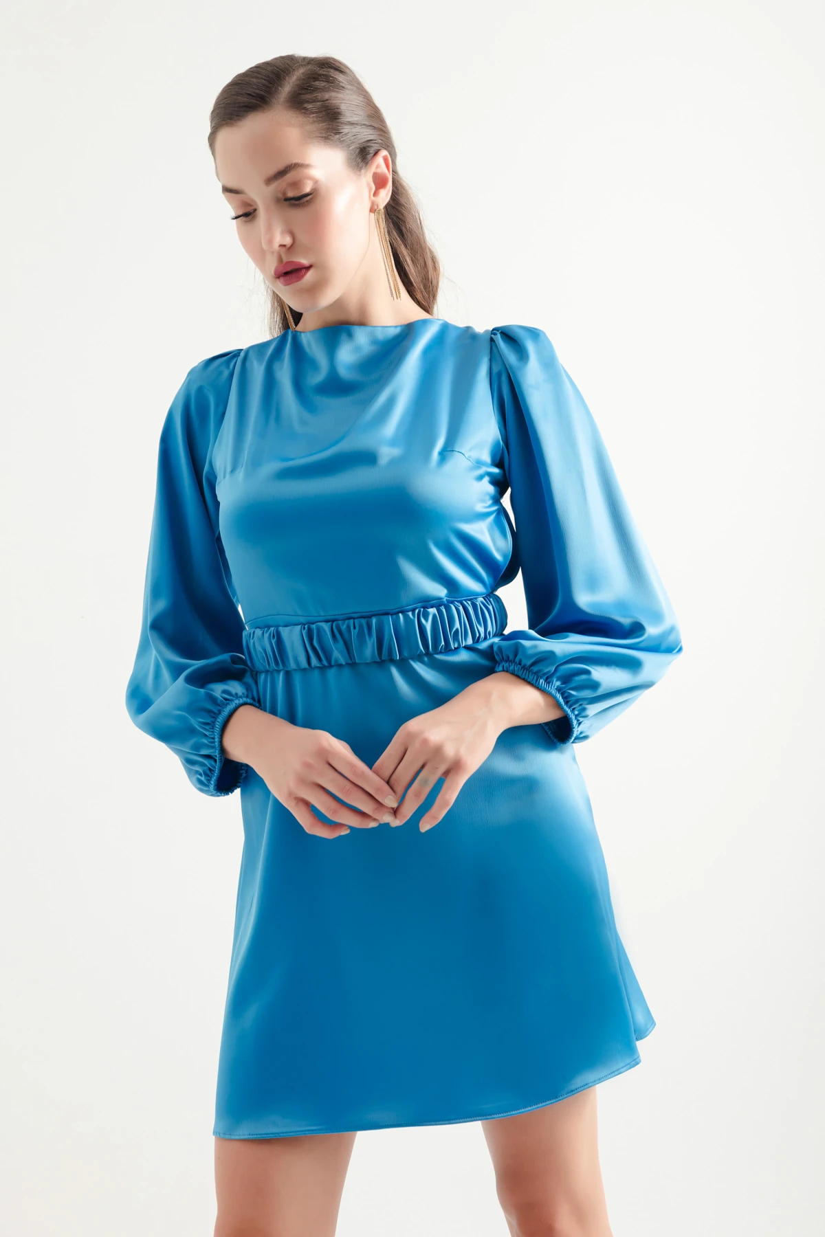 Kadın Balon Kol Mini Nişan Elbisesi - İndigo