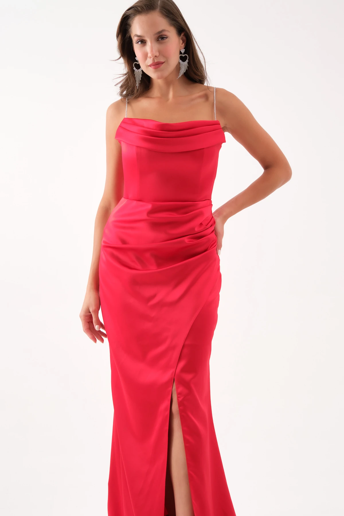 Kadın Taş Askılı Uzun Söz Nişan Abiye Elbise - Kırmızı