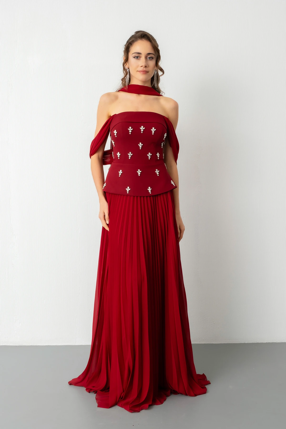 Kadın Straplez Yaka Taşlı Uzun Söz Nişan Nikah Abiye Elbise - Bordo