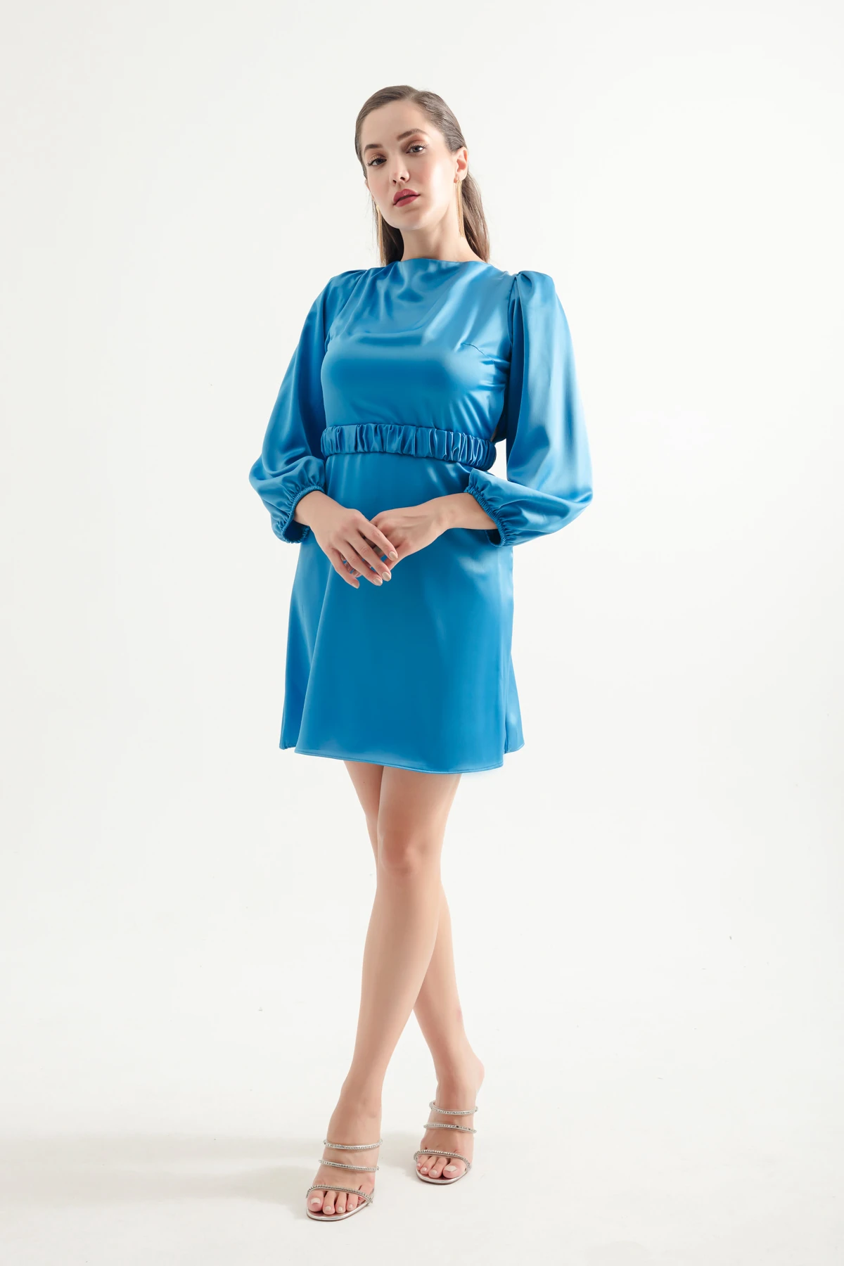 Kadın Balon Kol Mini Nişan Elbisesi - İndigo