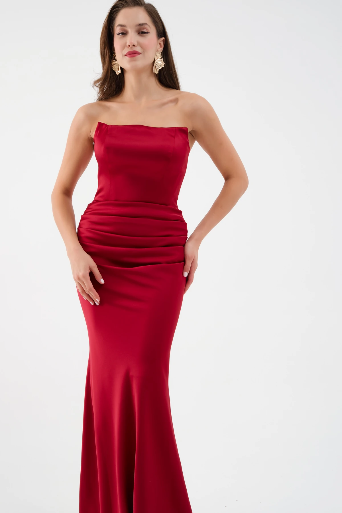 Kadın Straplez Uzun Saten Söz Nişan Abiye Elbise - Bordo