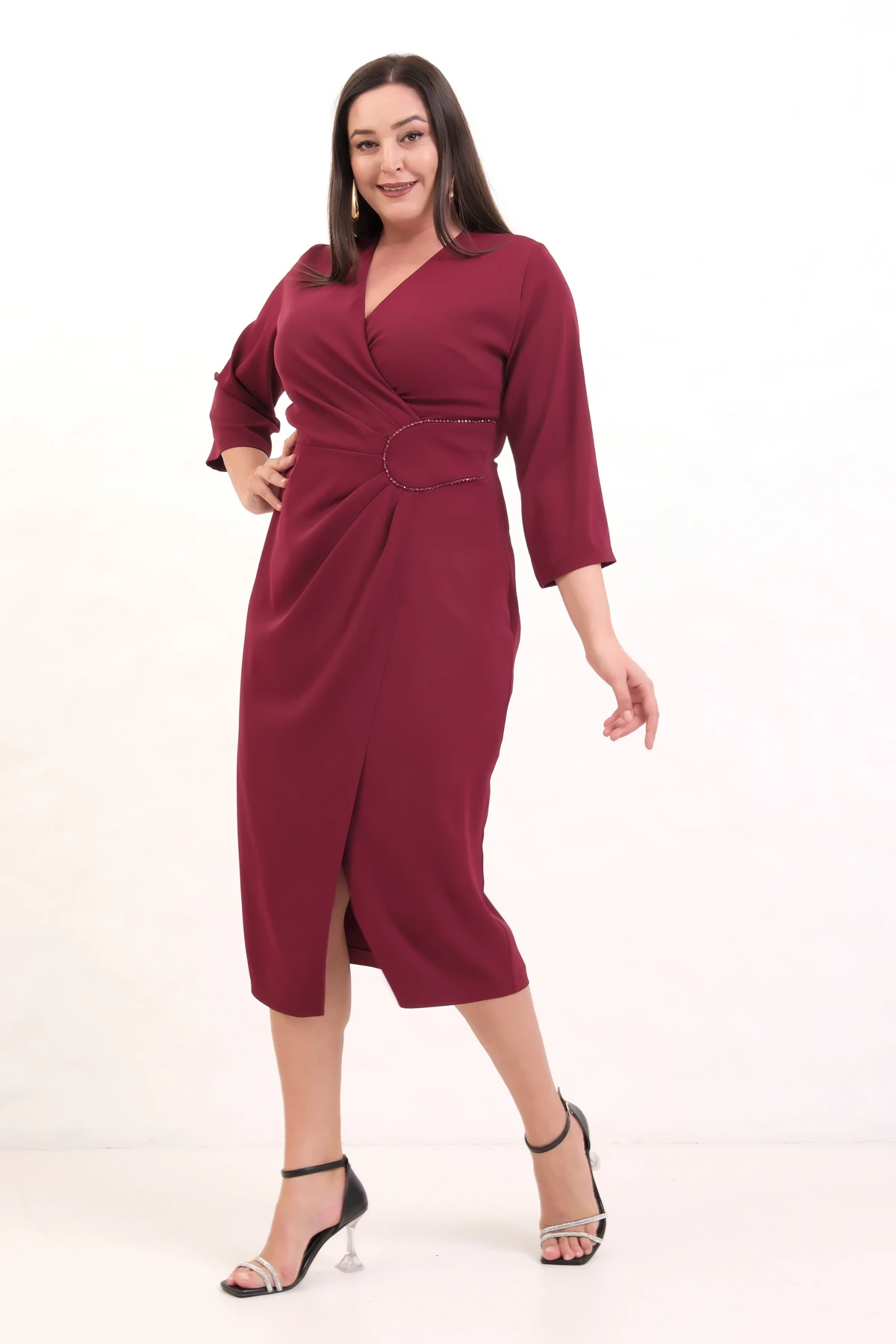 Kadın Kruvaze Yaka Boncuk İşlemeli Büyük Beden Midi Elbise - Bordo