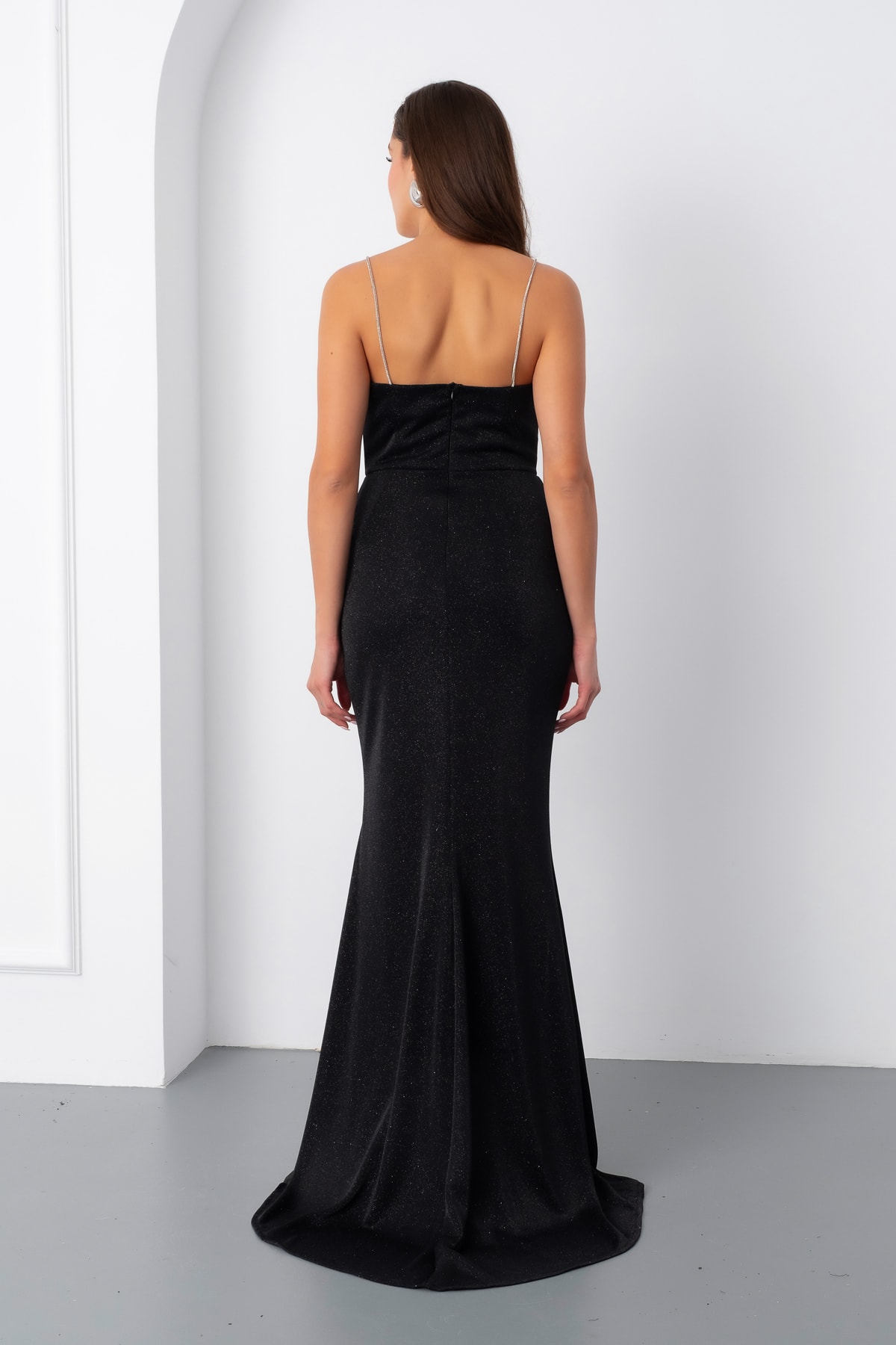 Kadın Askılı Simli Örme Abiye Elbise - Siyah