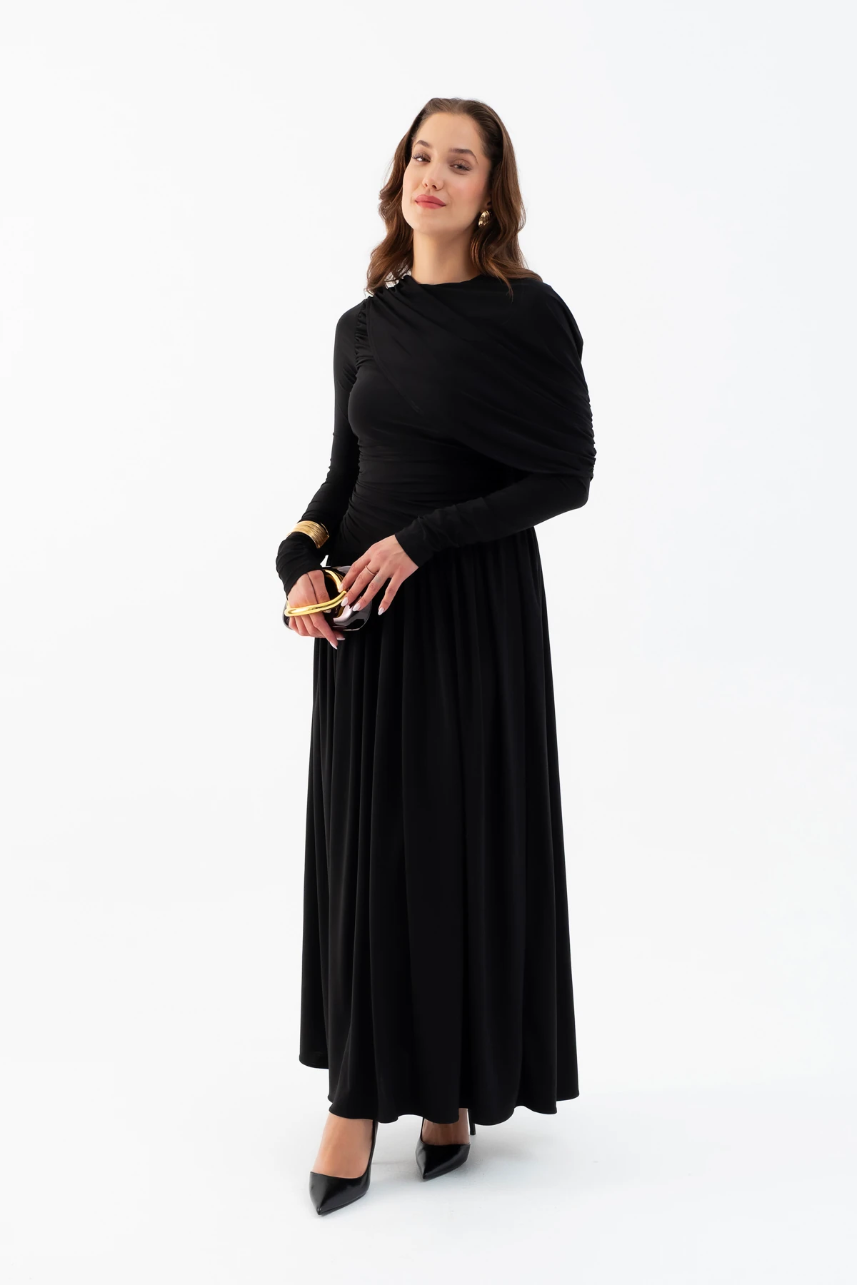 Kadın Omuz Parçalı Çapraz Büzgülü Uzun Elbise - Siyah