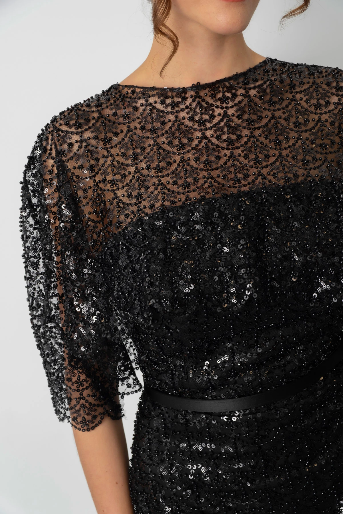 Kadın Bolero Detay Boncuklu Midi Söz Nişan Abiye Elbise - Siyah