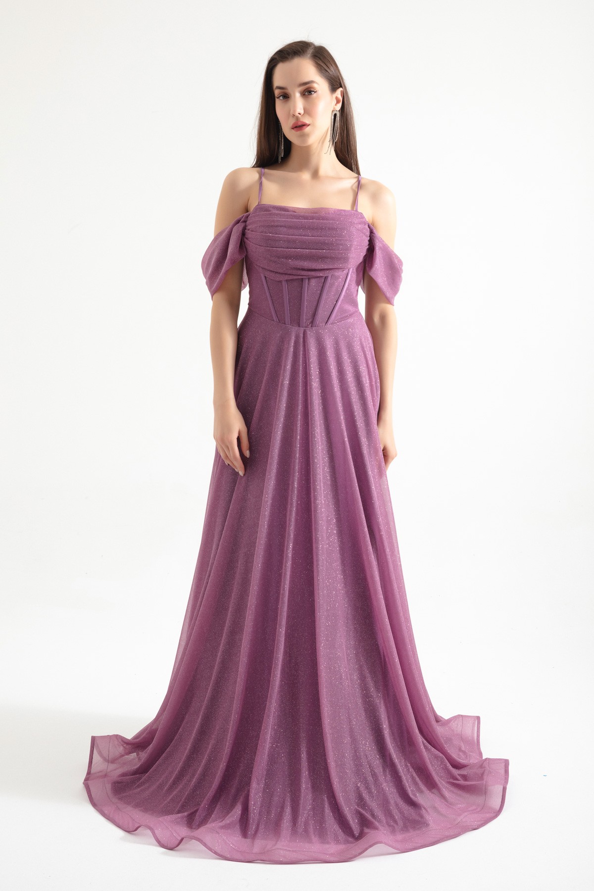 Kadın Askılı Simli Uzun Kloş Abiye Elbise - Lavanta