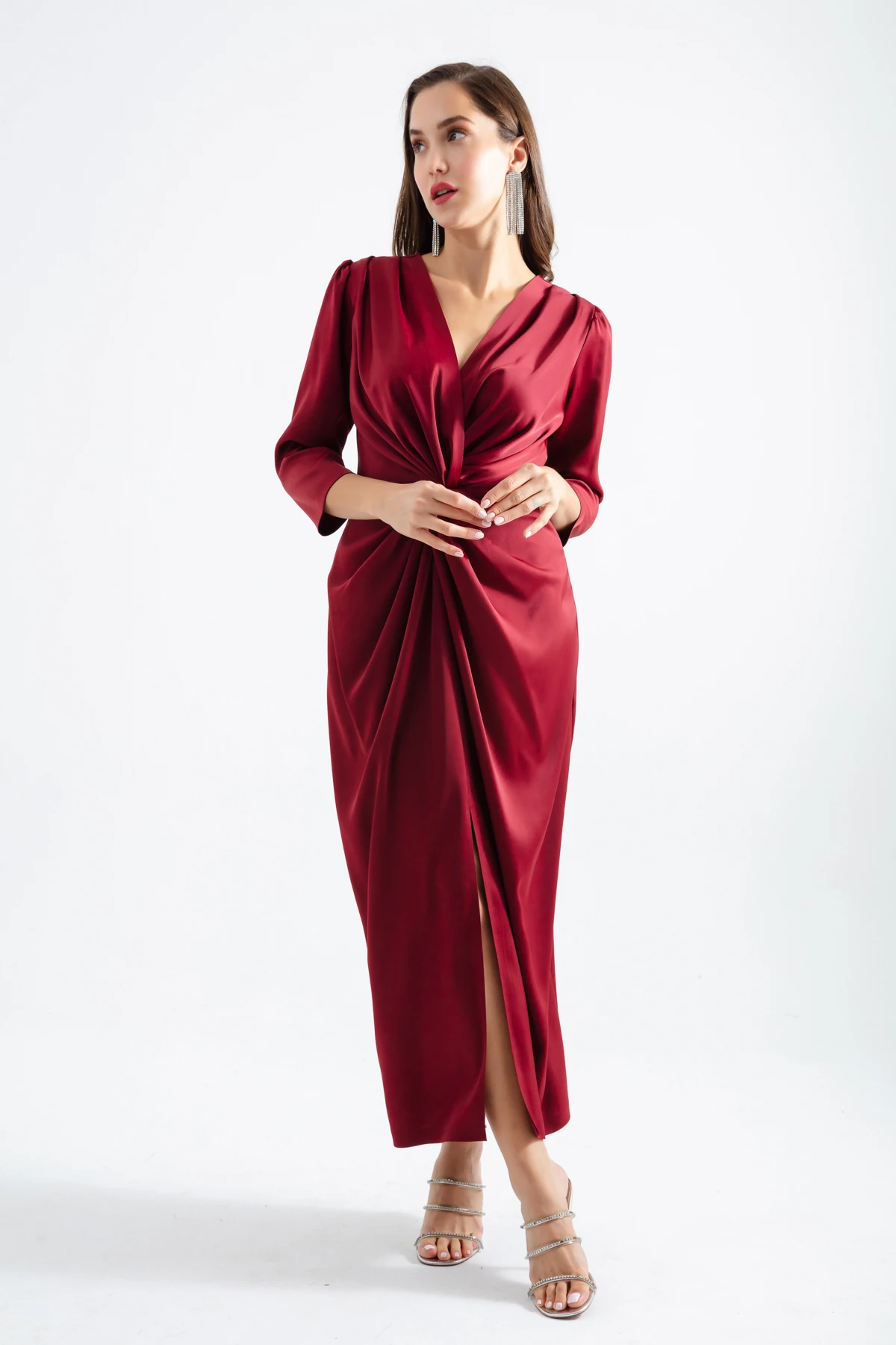 Kadın V Yaka Midi Abiye Elbise