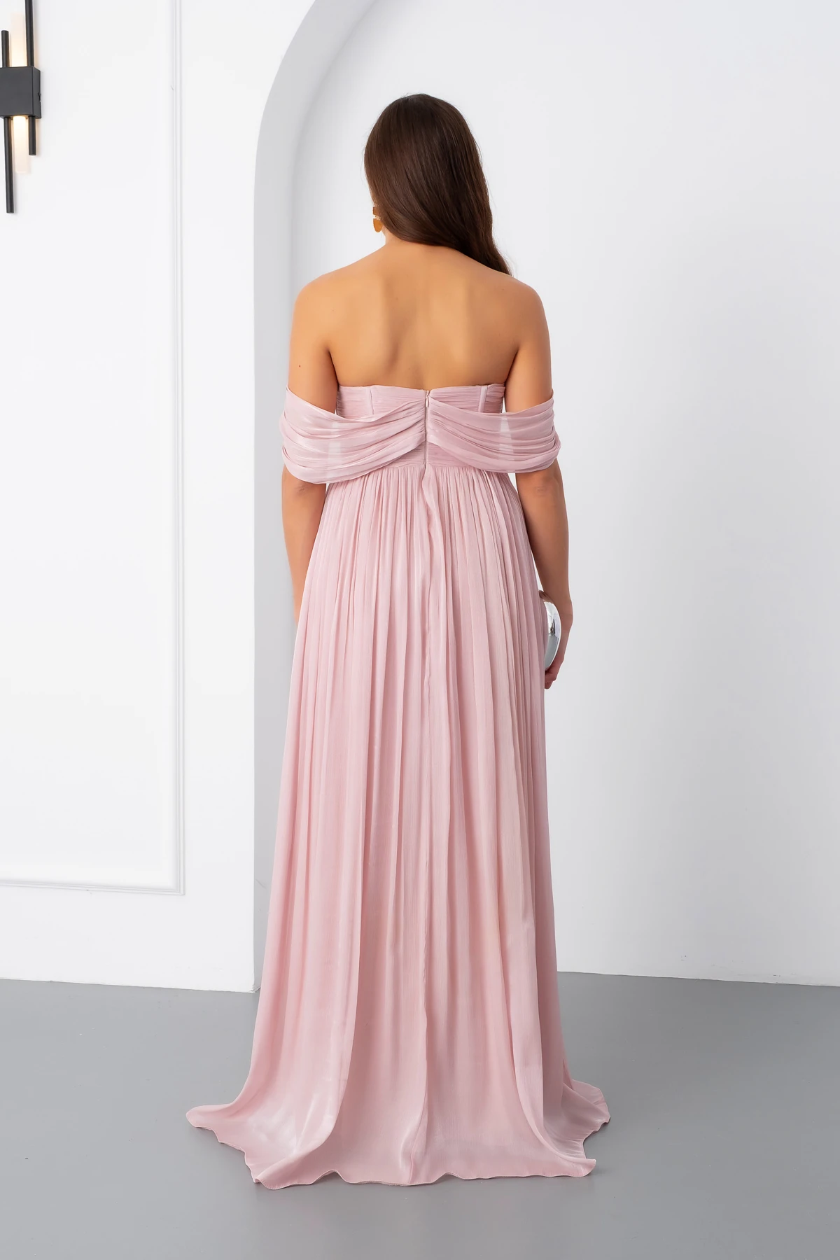 Kadın Kayık Yaka Uzun Abiye Elbise - Pudra