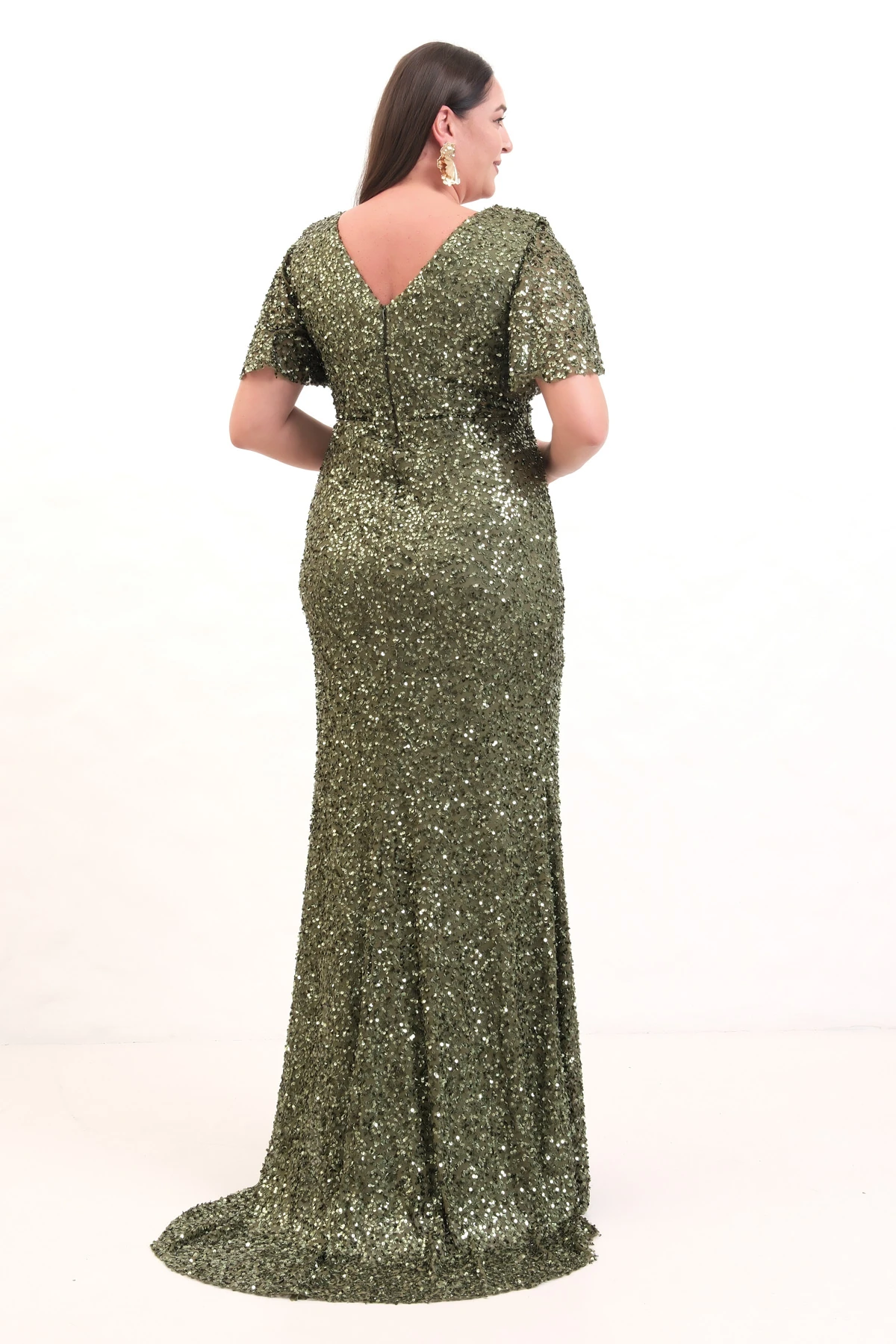 Kadın Degaje Yaka Pul Payet Büyük Beden Uzun Abiye Elbise - Haki