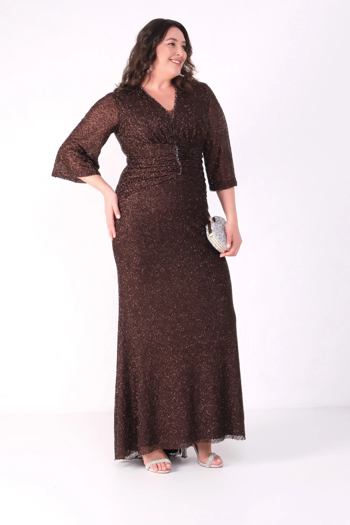 Kadın V Yaka Boncuklu Büyük Beden Abiye Elbise - Kahverengi