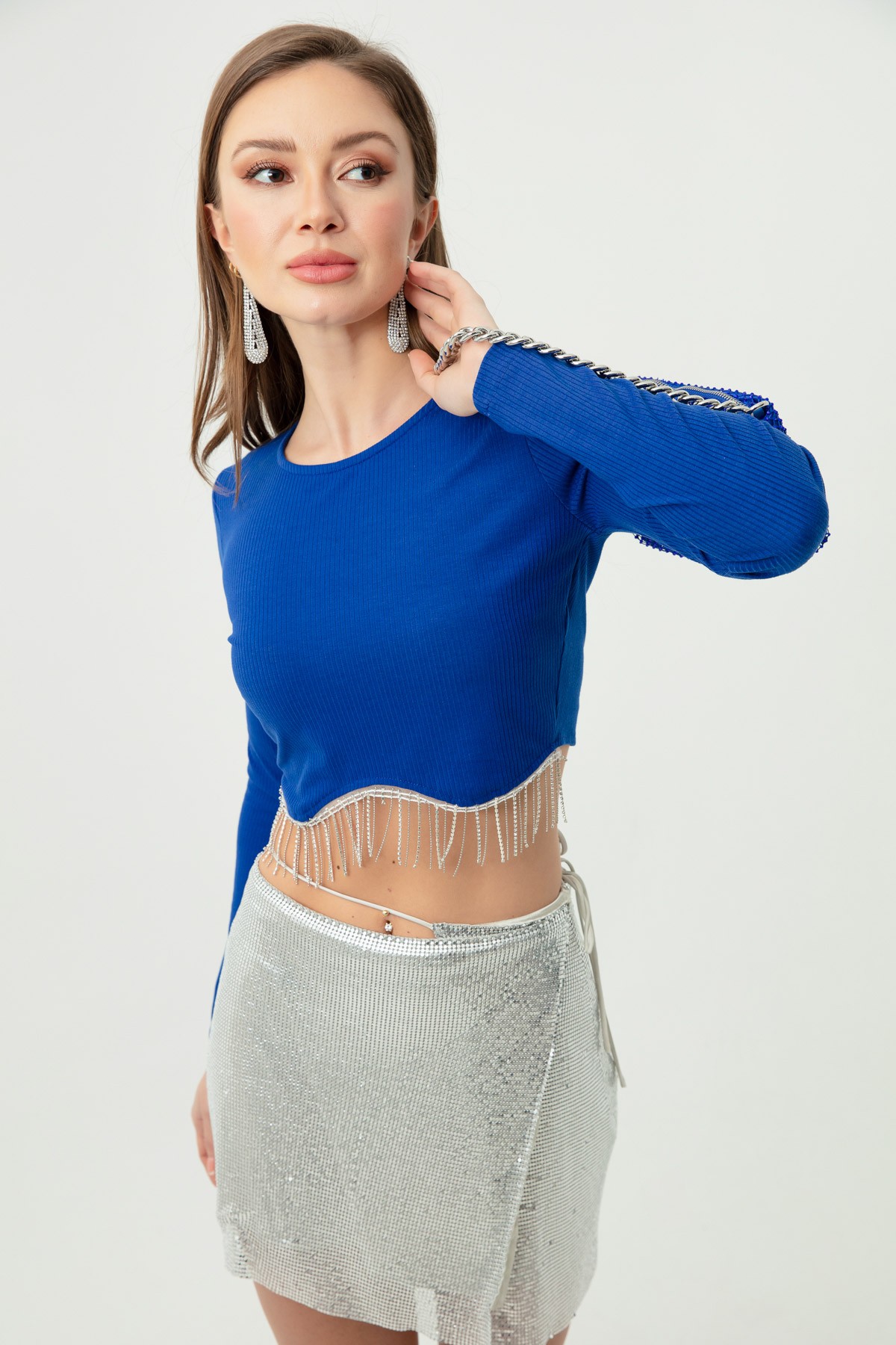 Kadın Püskül Taşlı Crop Bluz - Saks